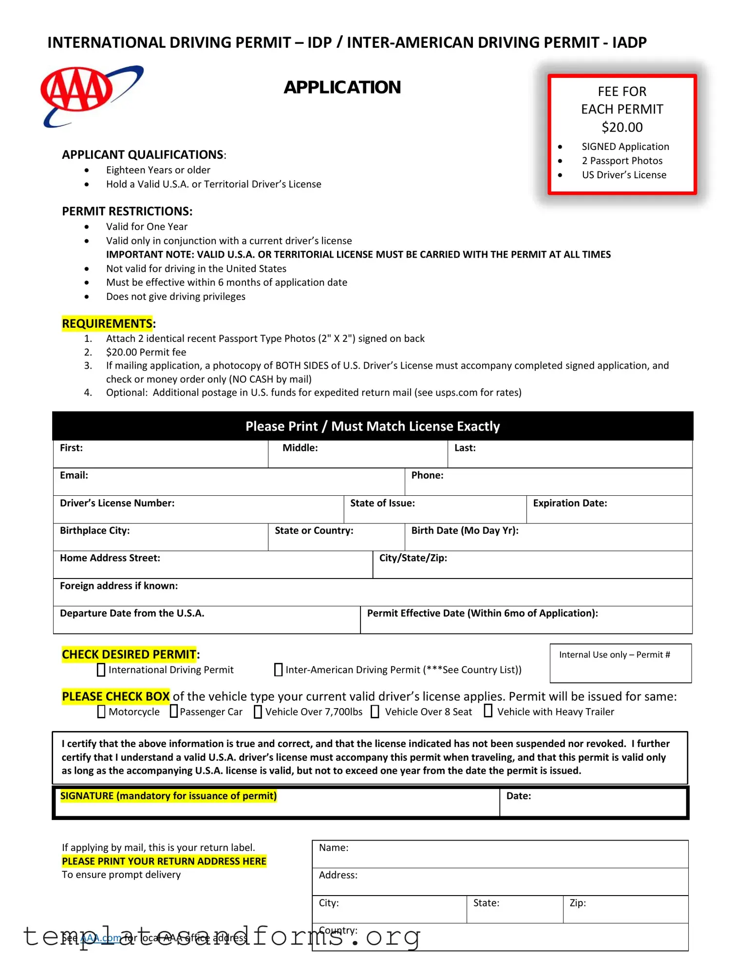 Fill in a Valid Aaa International Driving Permit Application Form