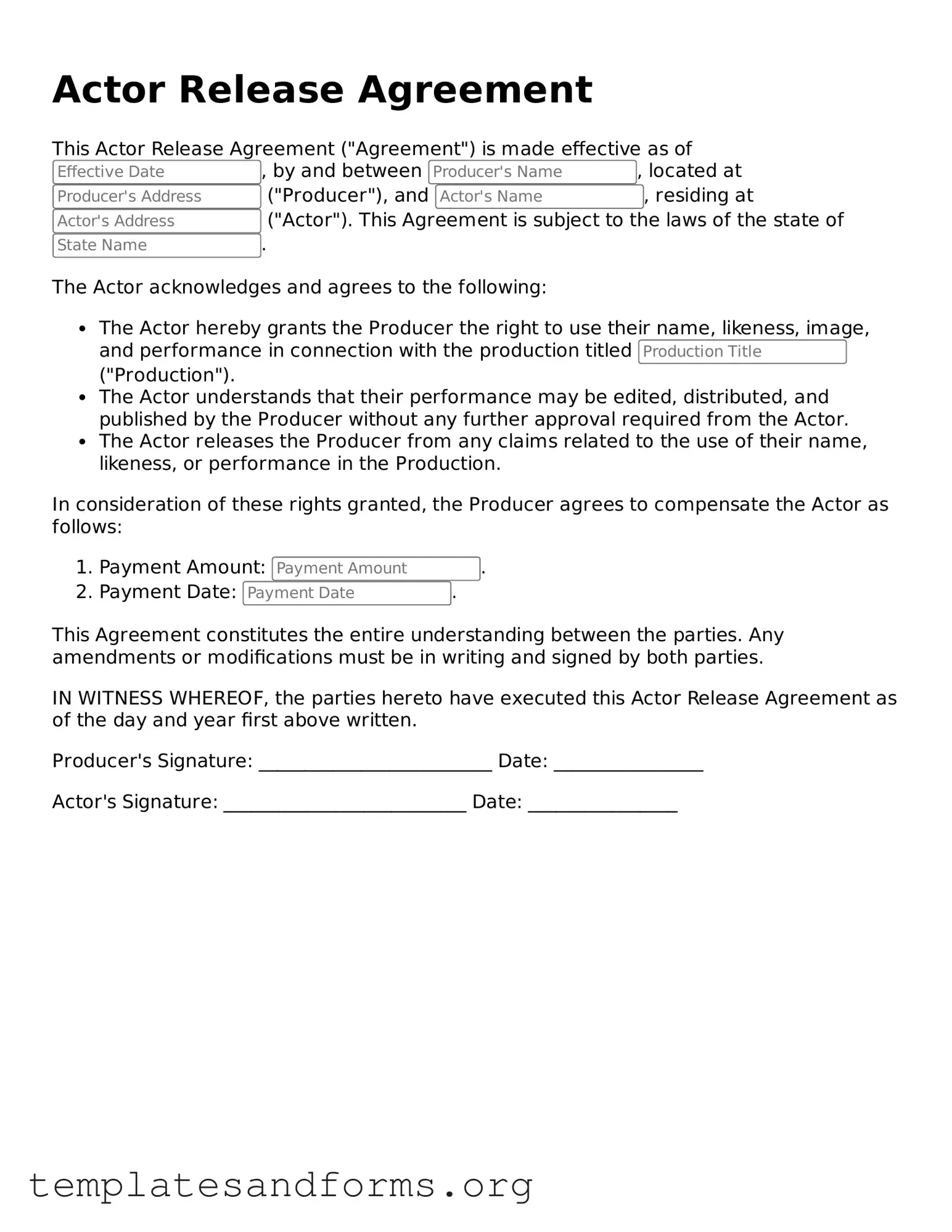 Blank Actor Release Document