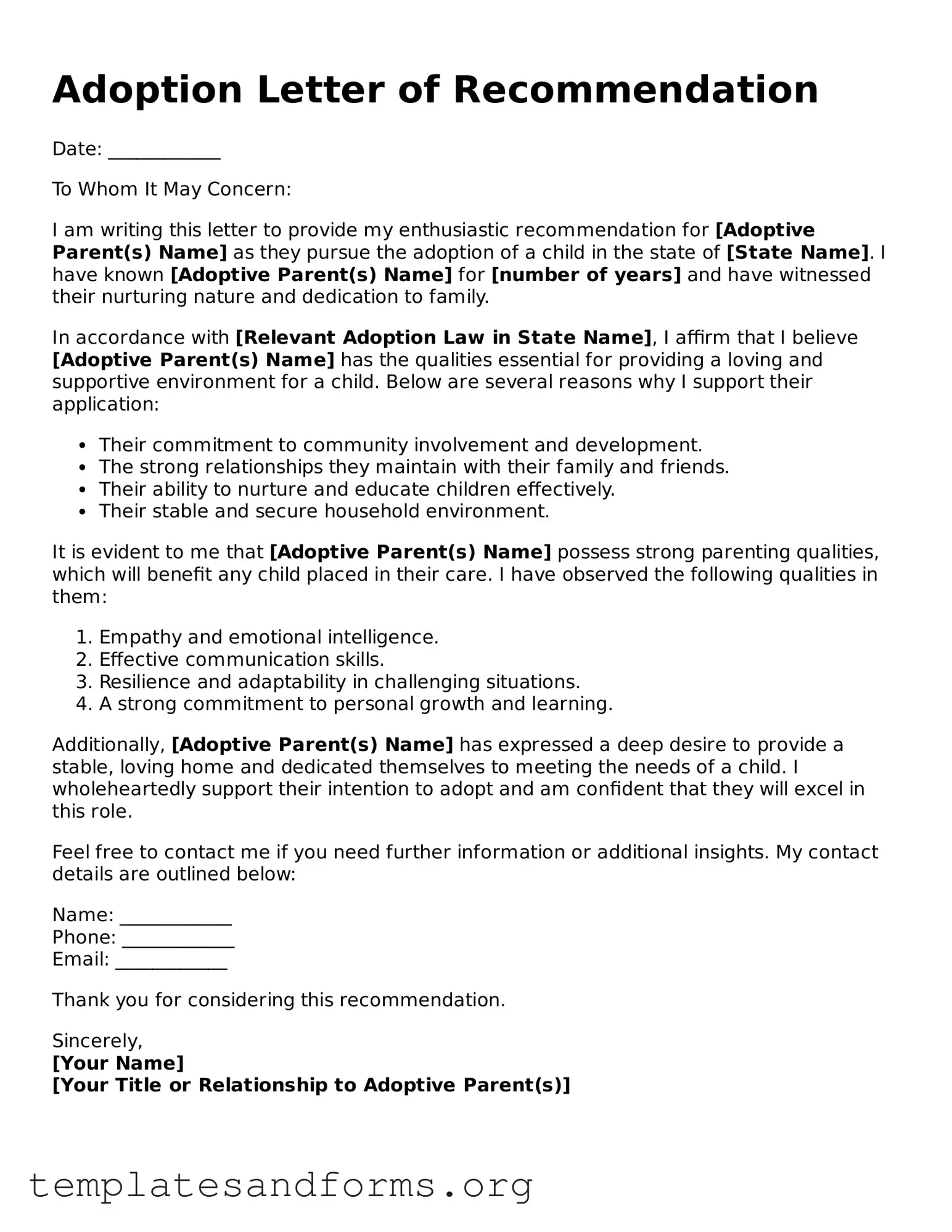 Blank Adoption Letter of Recommendation Document