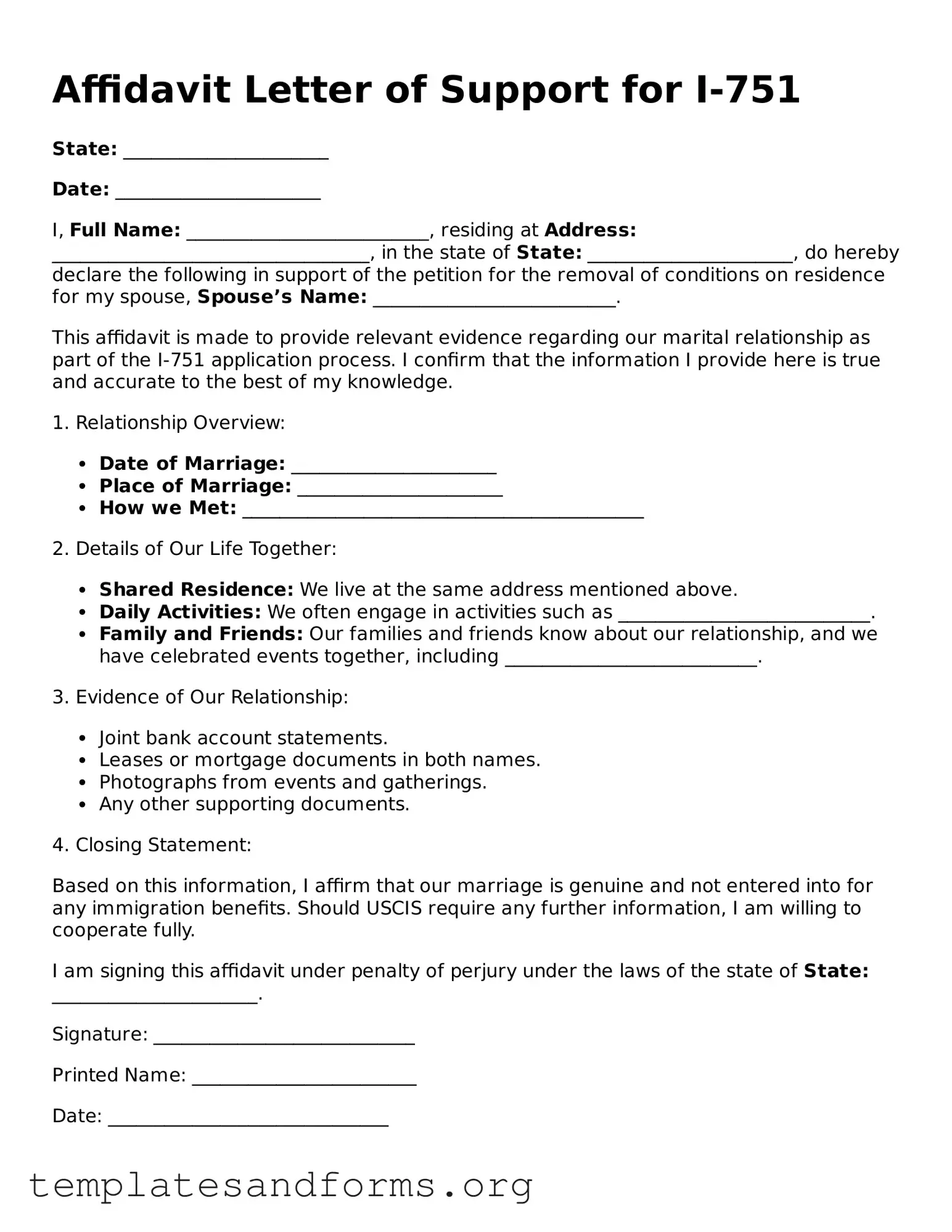 Blank Affidavit Letter of Support for I-751 Document