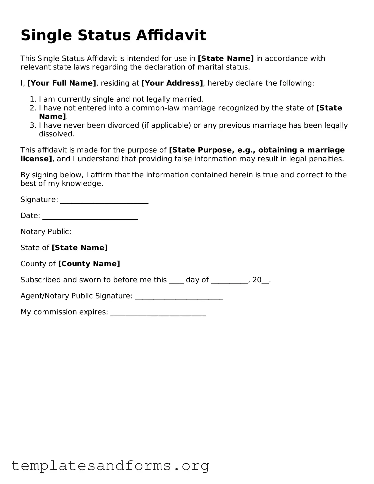 Blank Single Status Affidavit Document