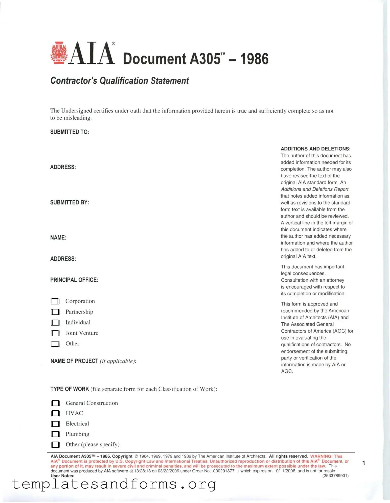 Fill in a Valid AIA A305 Form
