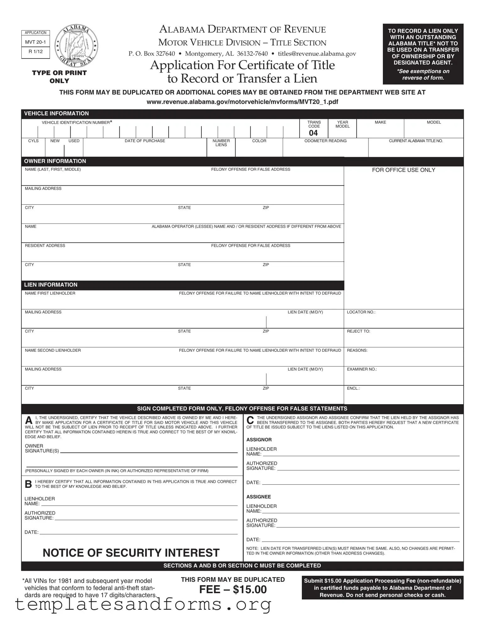 Fill in a Valid Alabama Mvt 20 1 Form