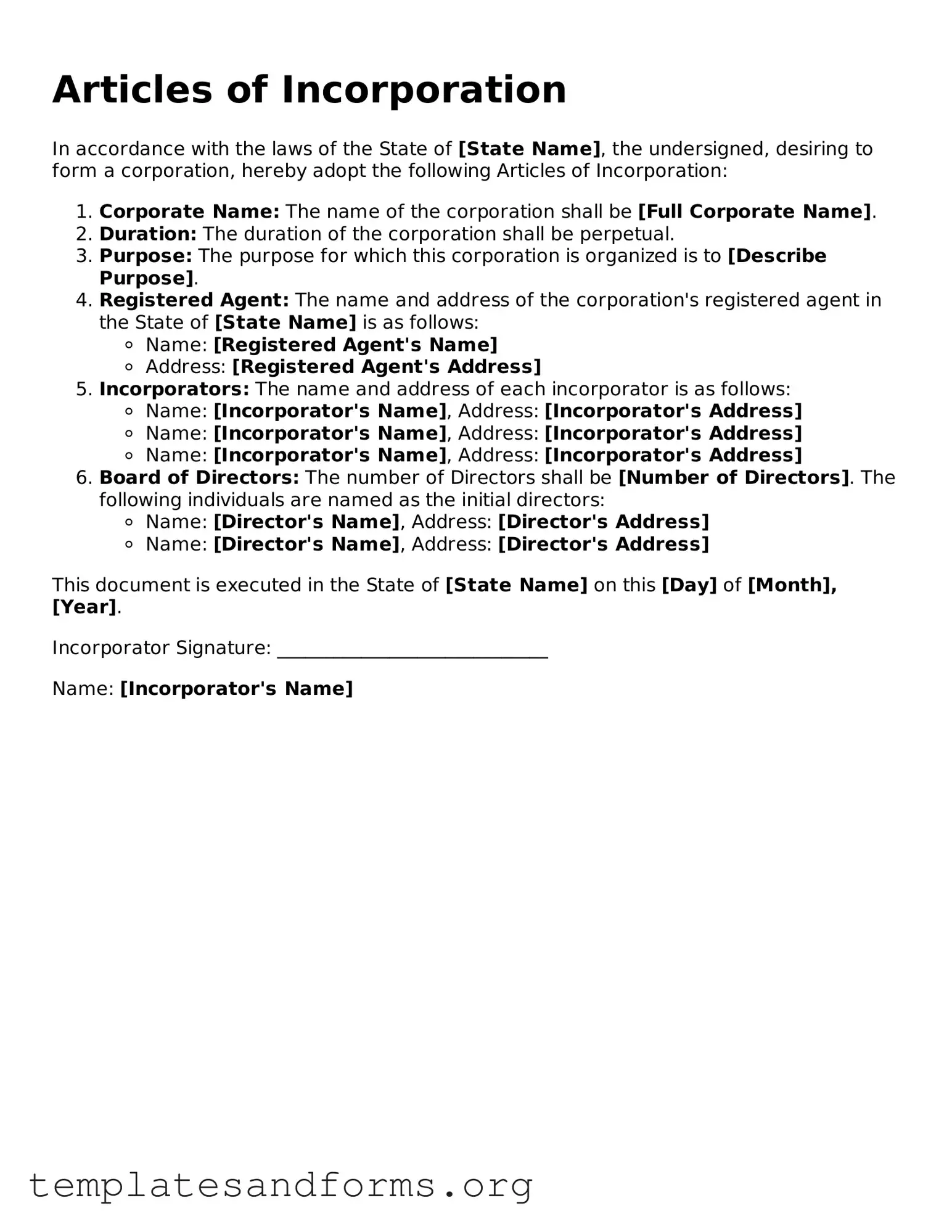 Blank Articles of Incorporation Document