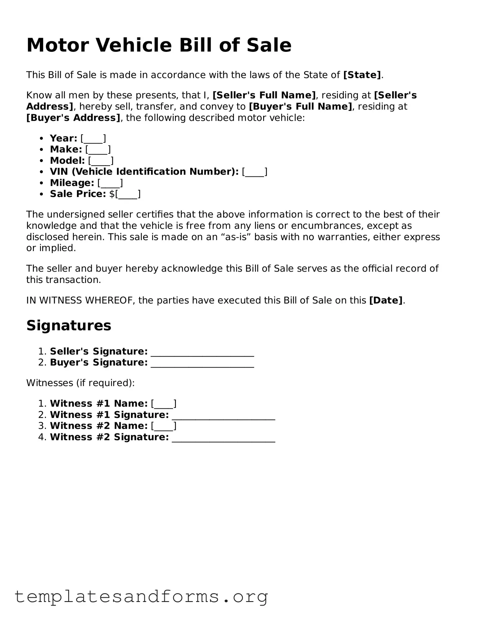 Blank Motor Vehicle Bill of Sale Document