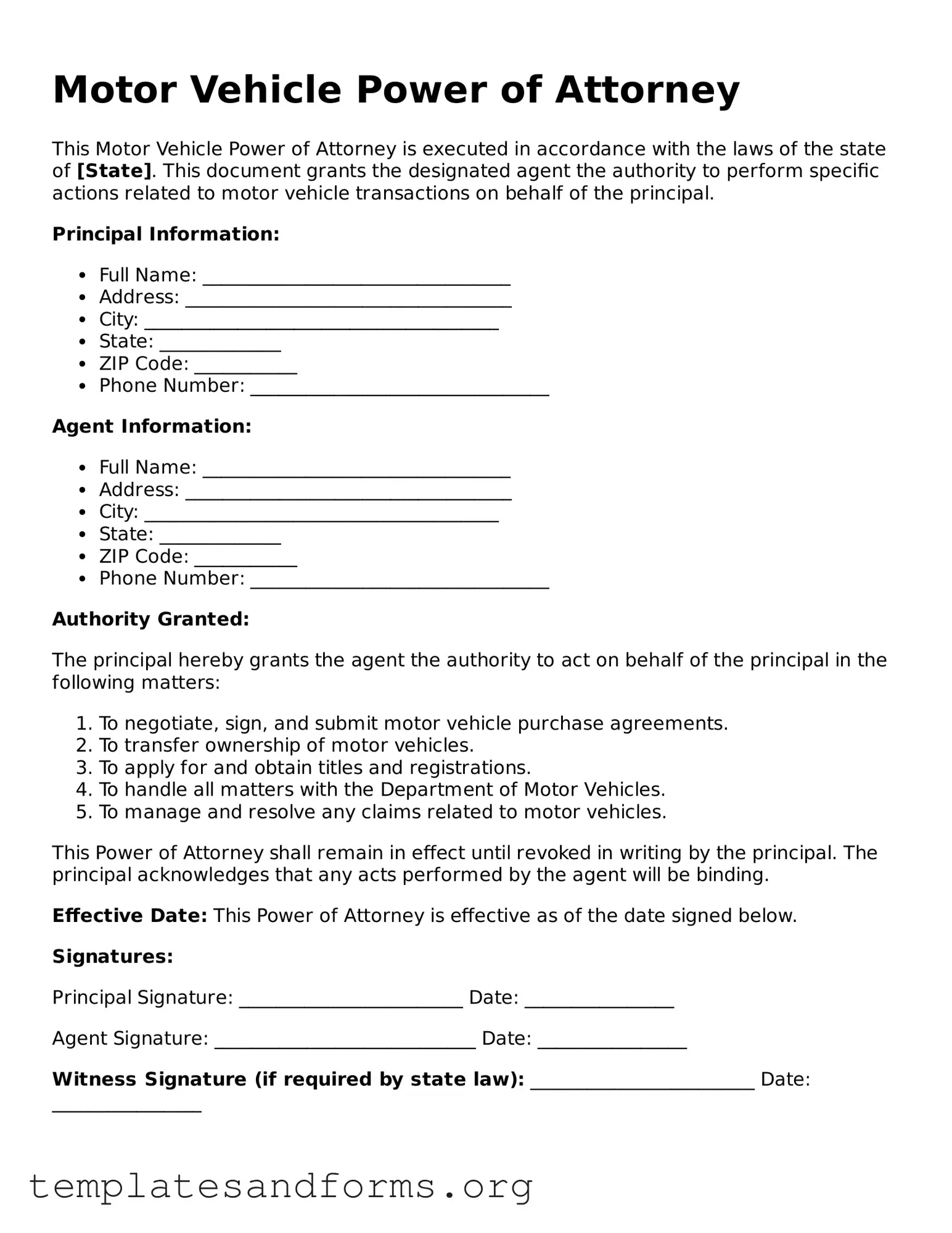 Blank Motor Vehicle Power of Attorney Document