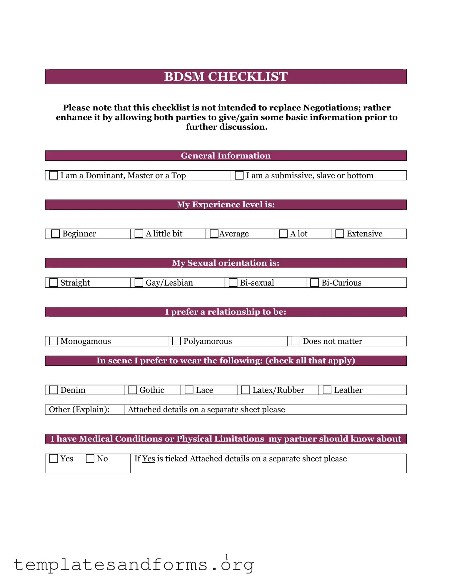 Fill in a Valid Bdsm Checklist Form