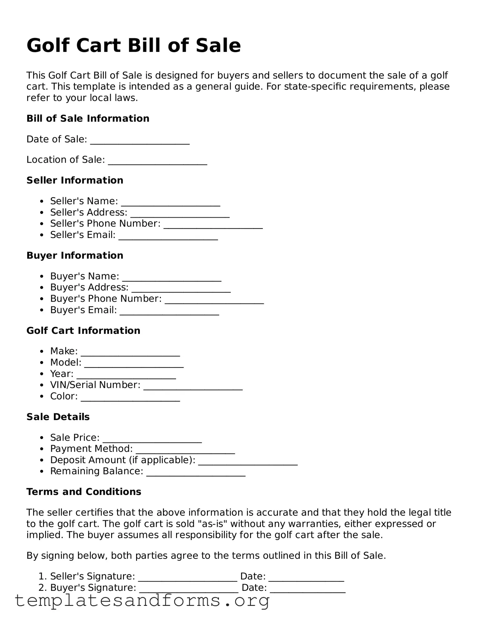 Blank Golf Cart Bill of Sale Document