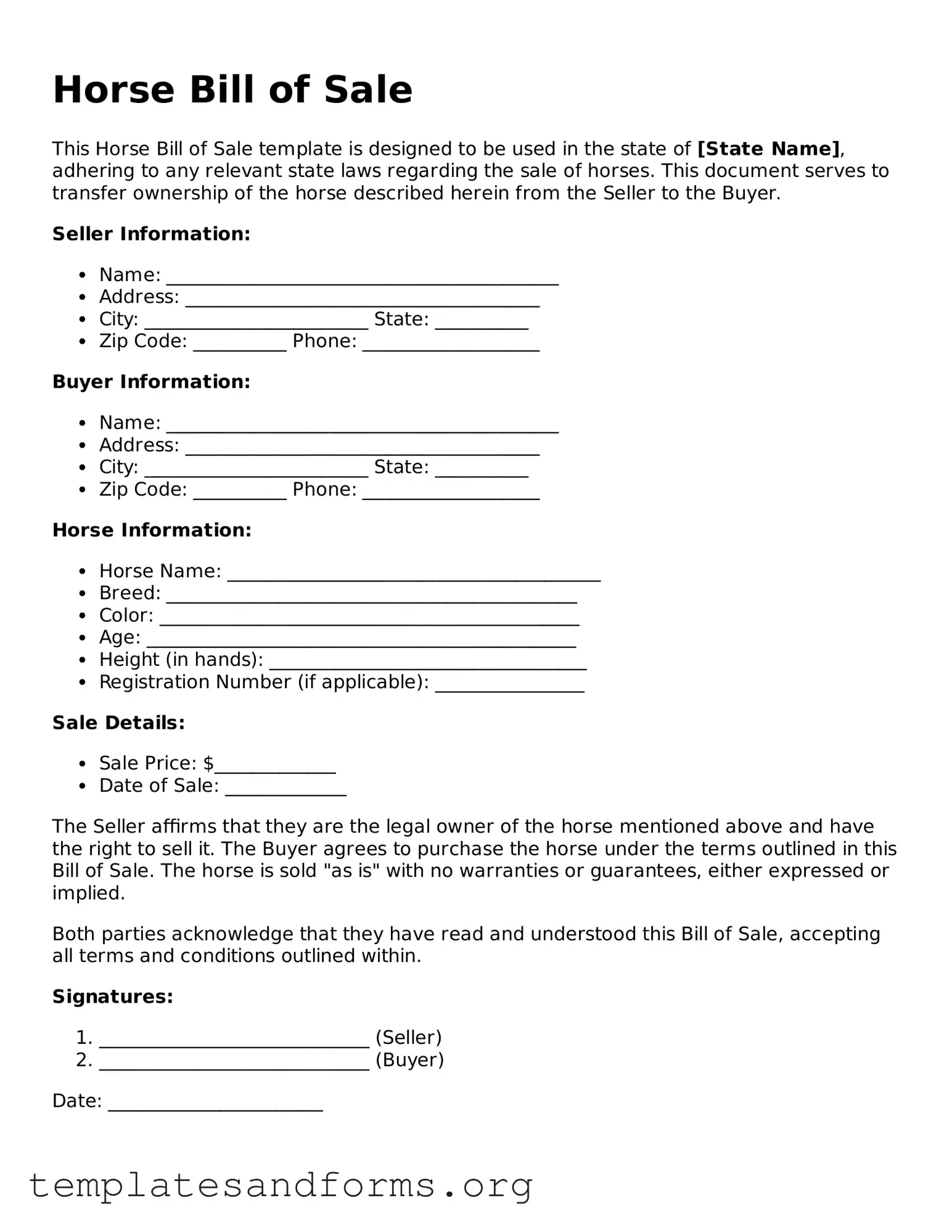 Blank Horse Bill of Sale Document