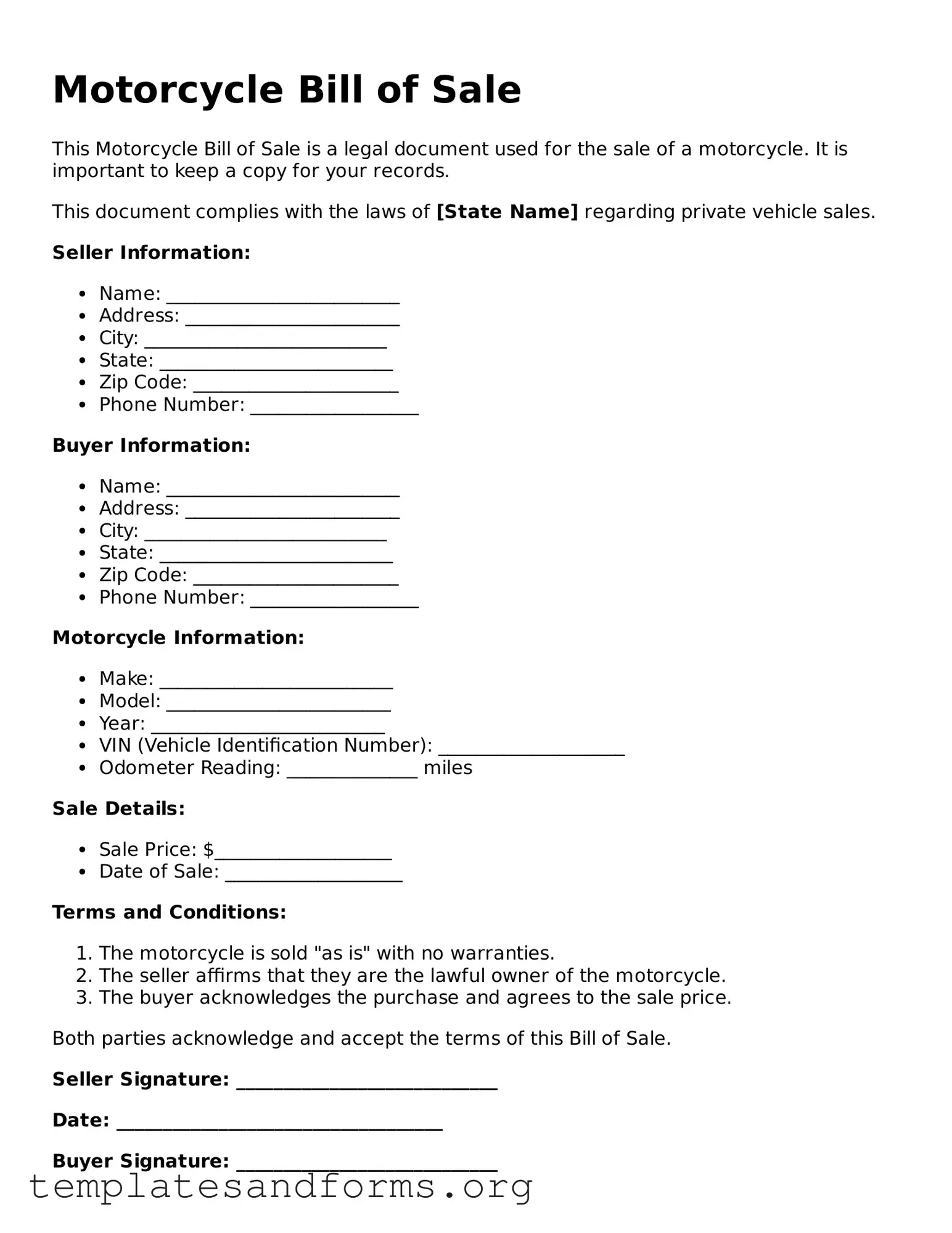Blank Motorcycle Bill of Sale Document