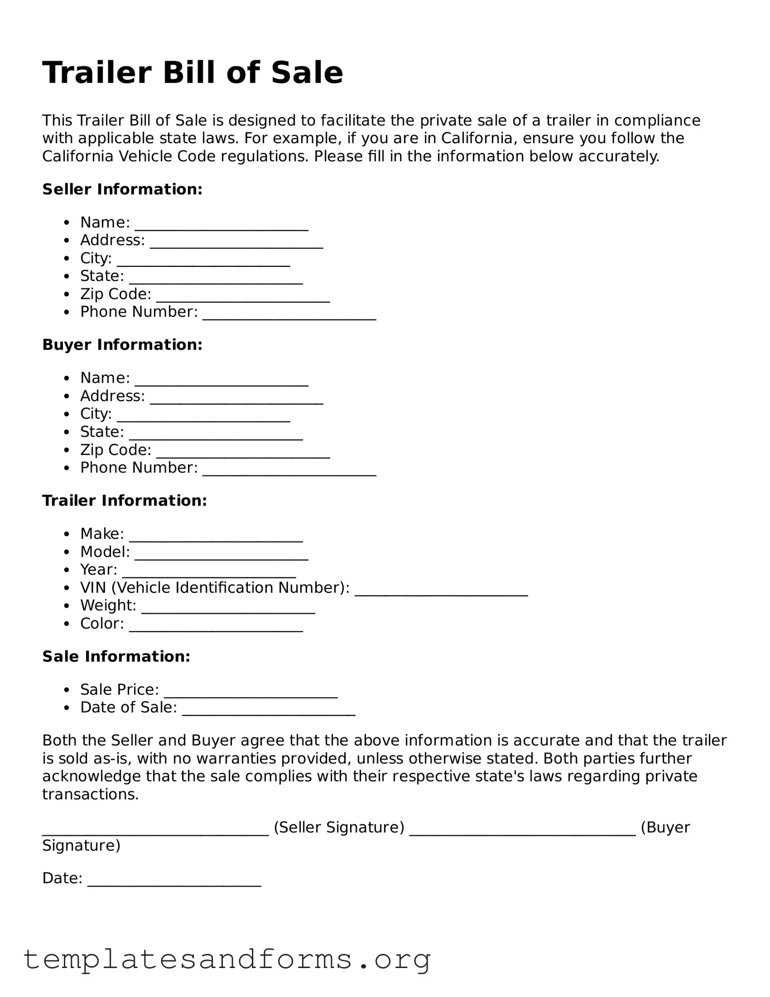 Blank Trailer Bill of Sale Document