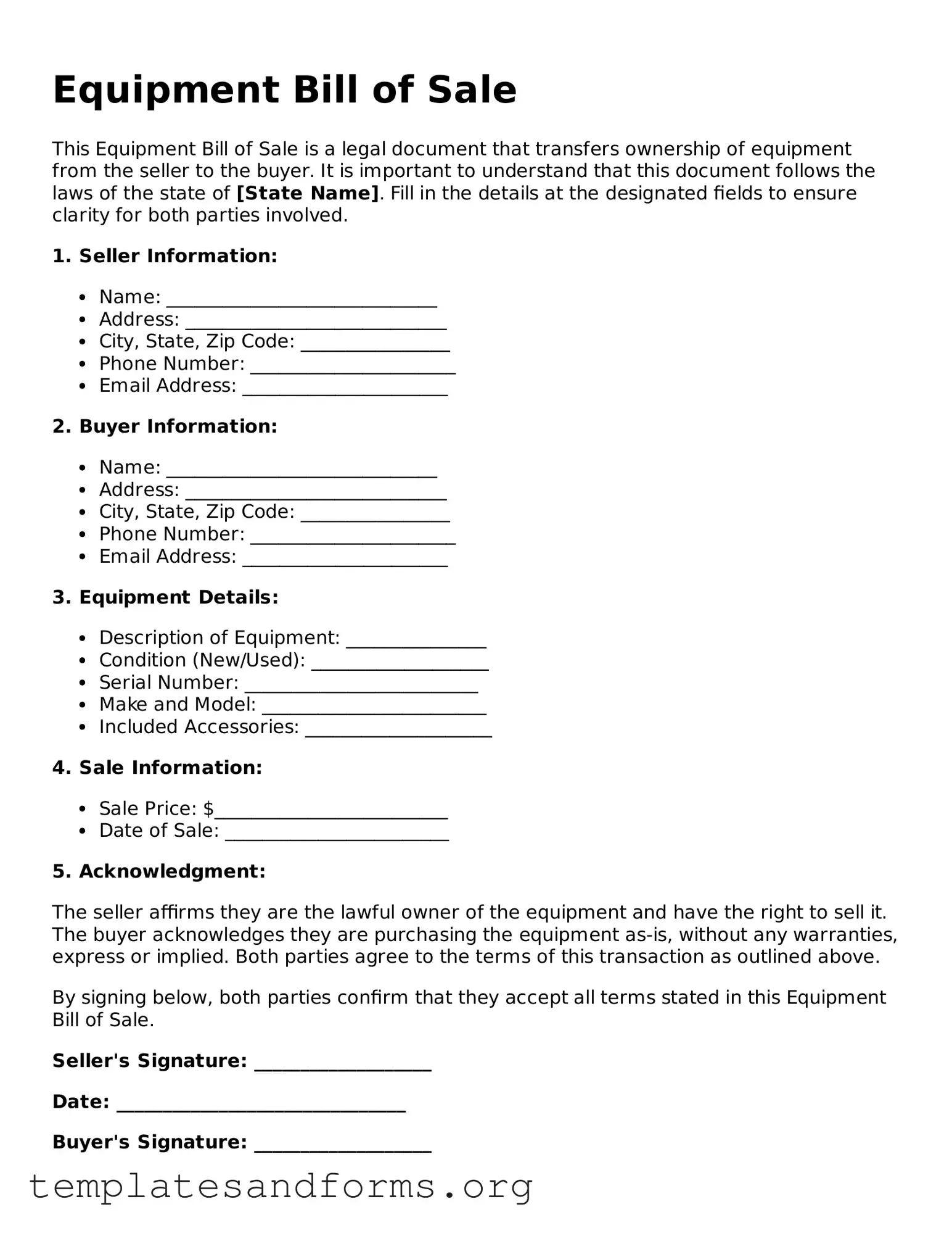 Blank Equipment Bill of Sale Document