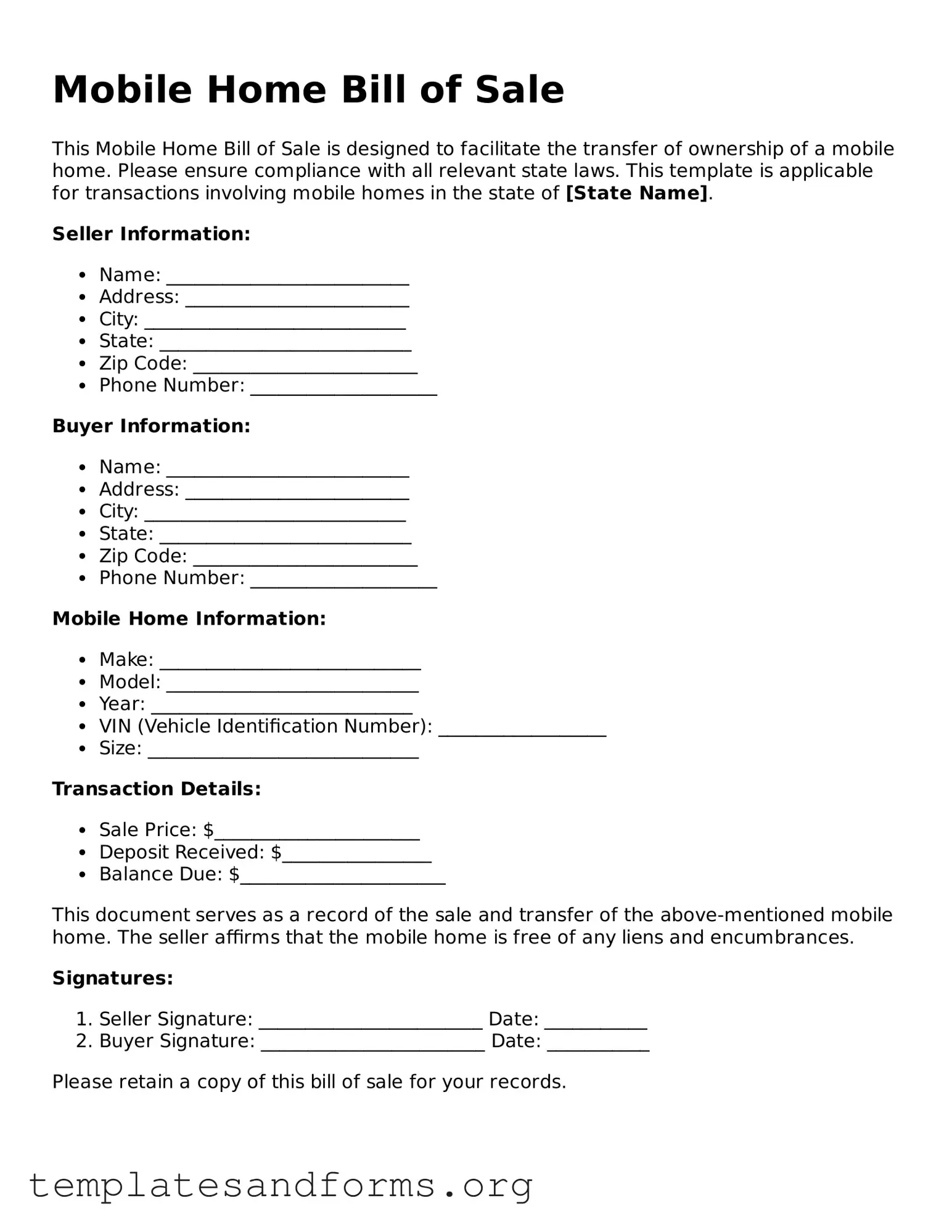 Blank Mobile Home Bill of Sale Document