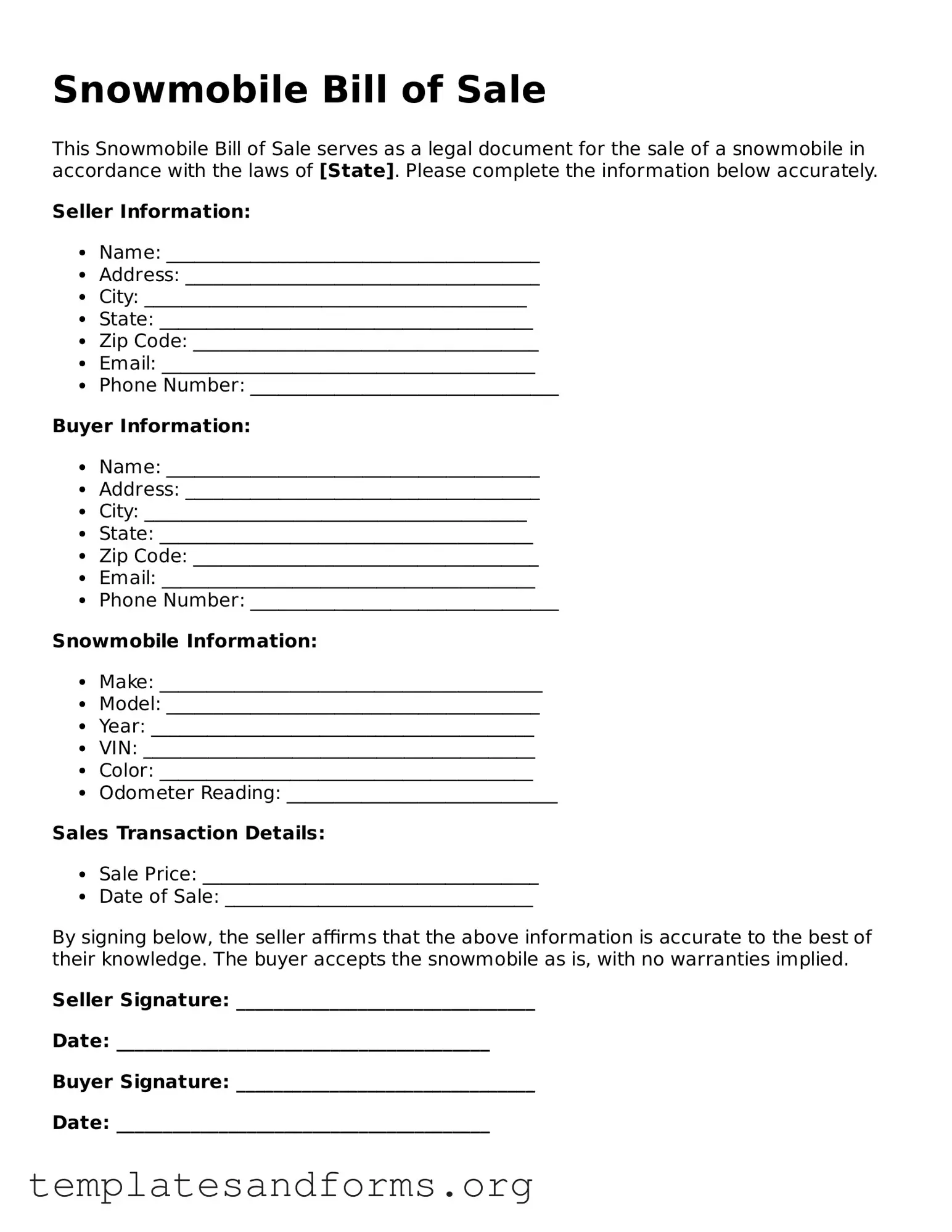 Blank Snowmobile Bill of Sale Document
