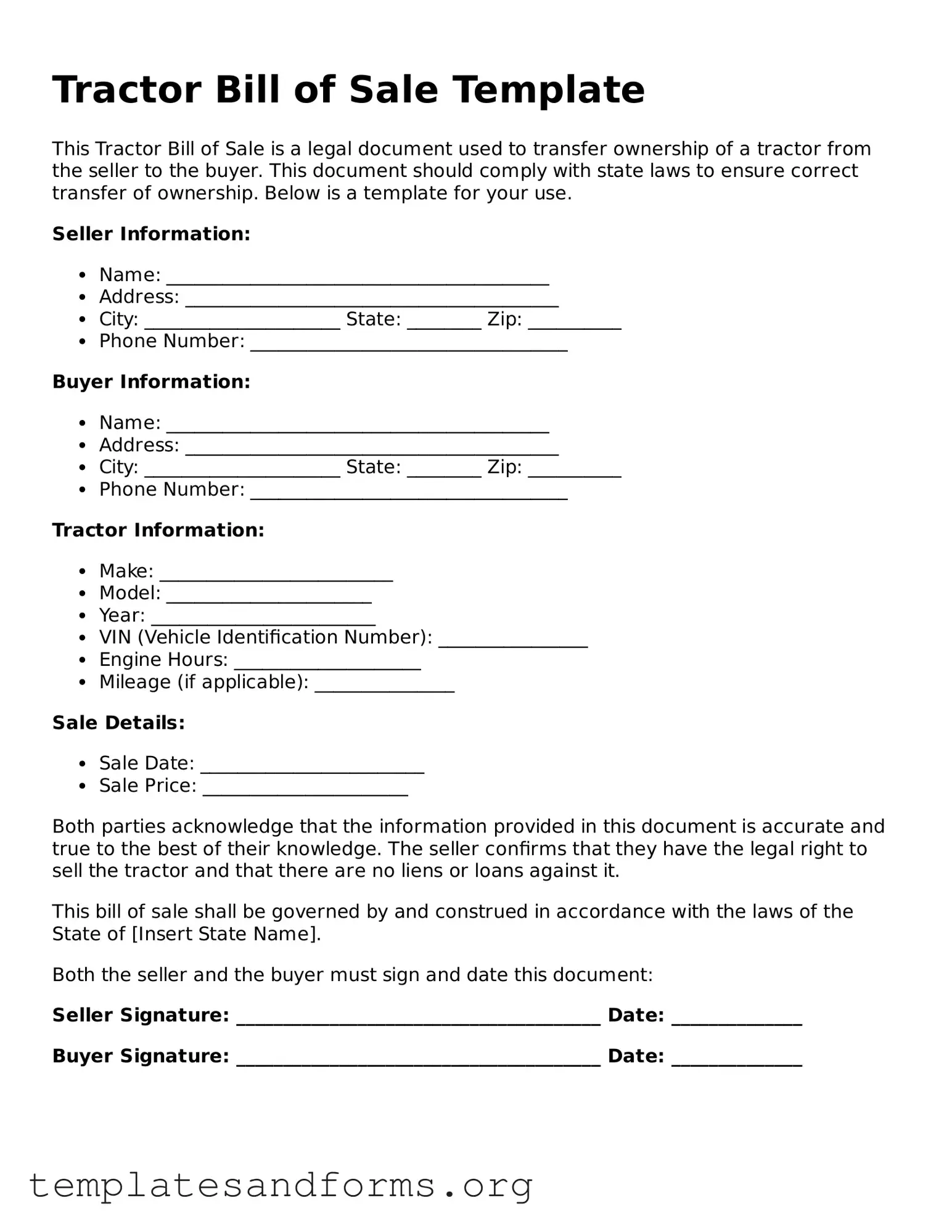 Blank Tractor Bill of Sale Document
