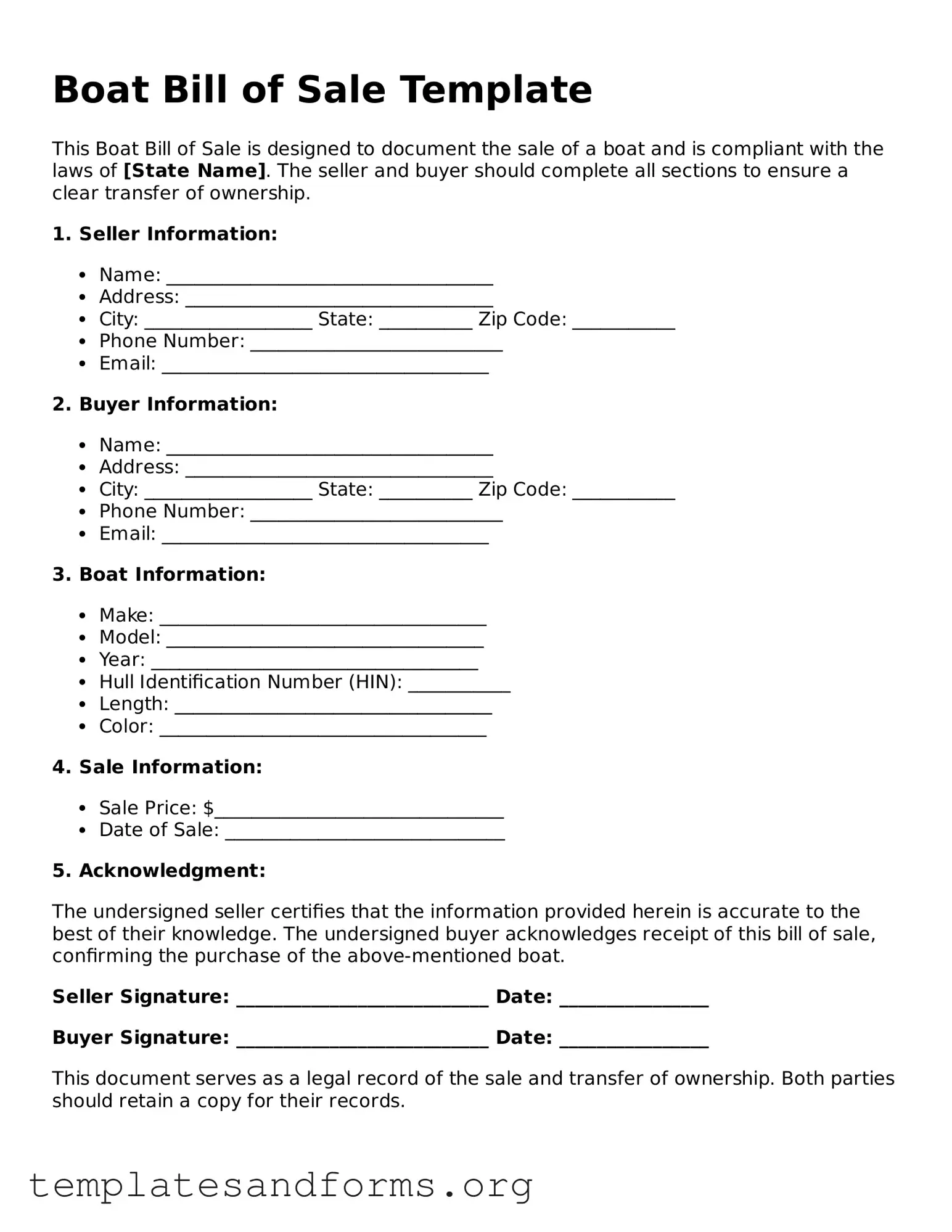 Blank Boat Bill of Sale Document