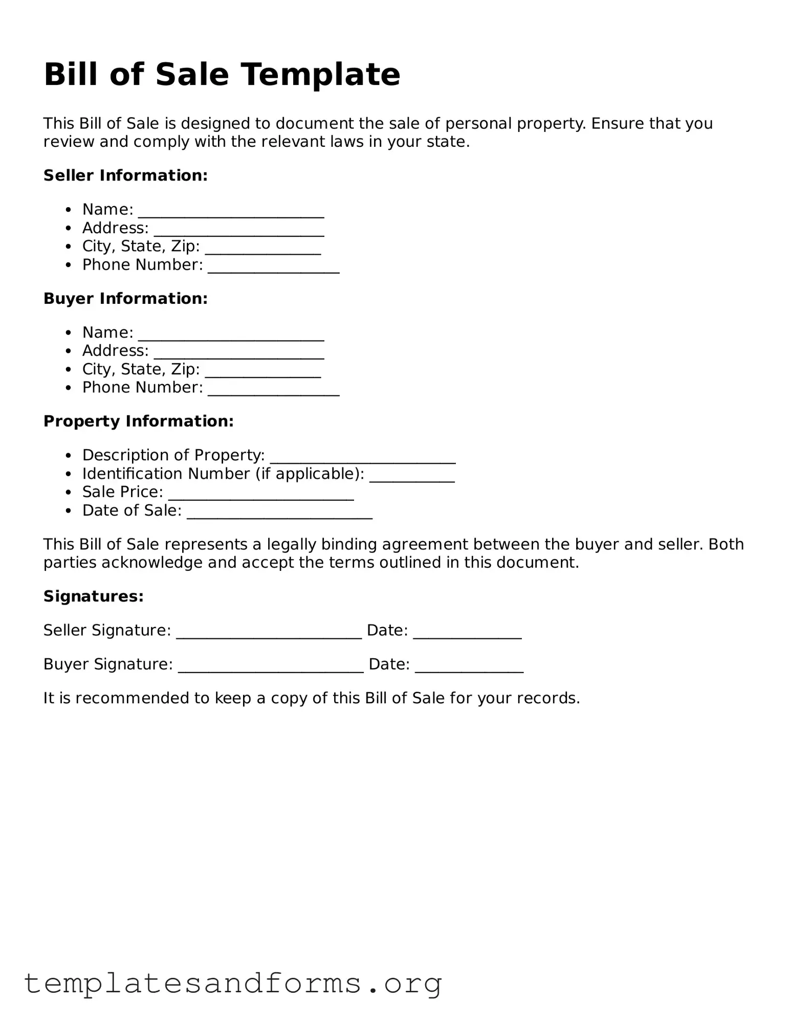 Blank Bill of Sale Document