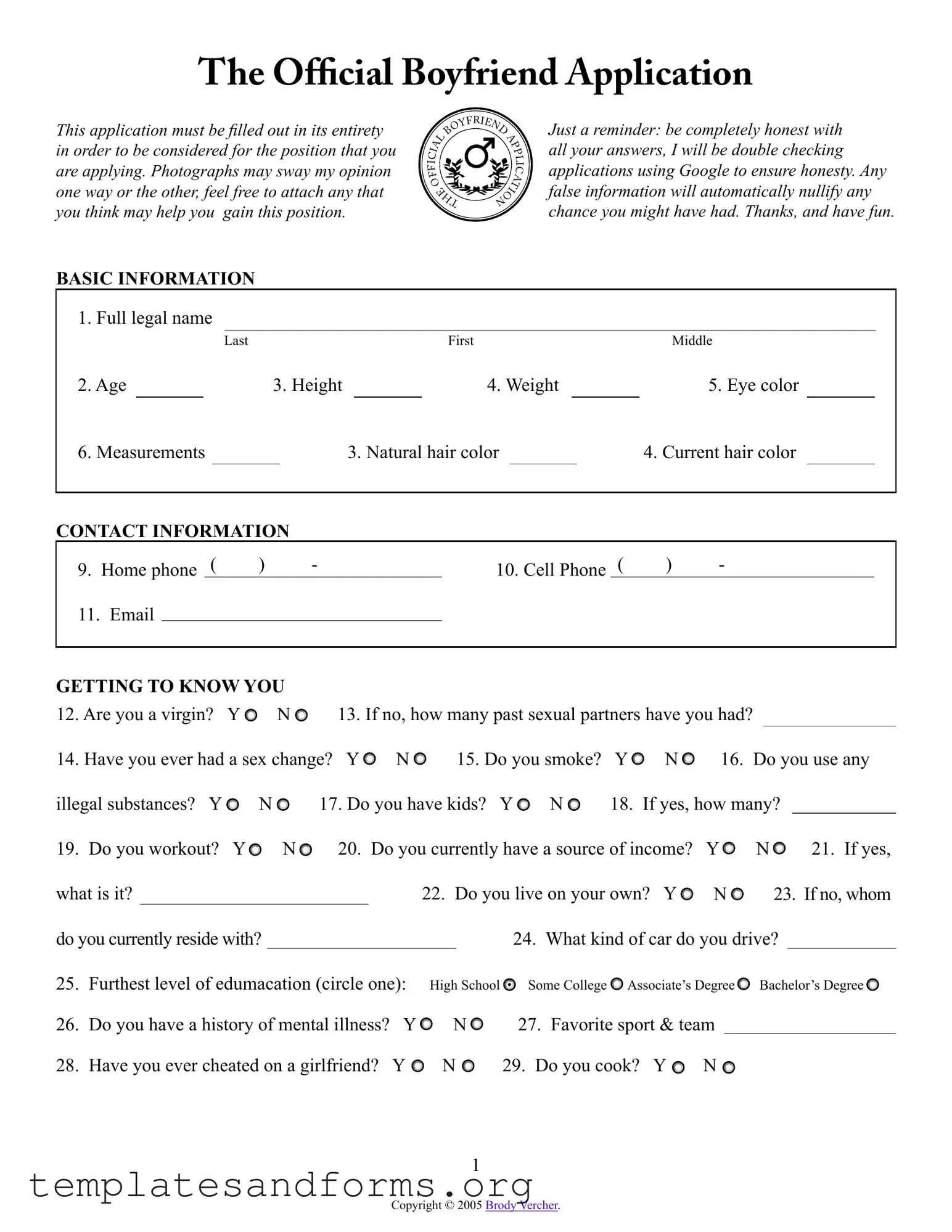 Fill in a Valid Boyfriend application form Form