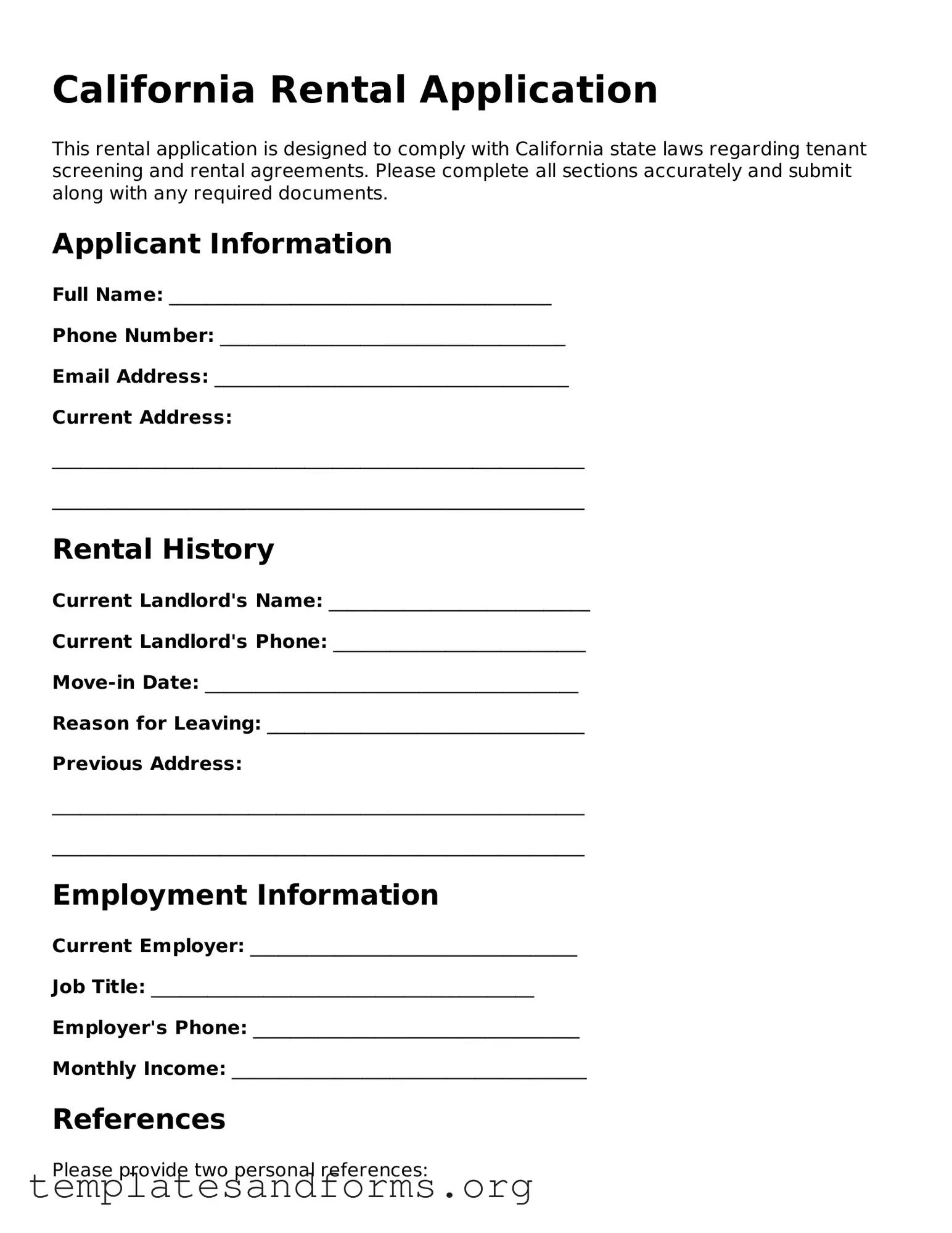Free Rental Application Form for the State of California