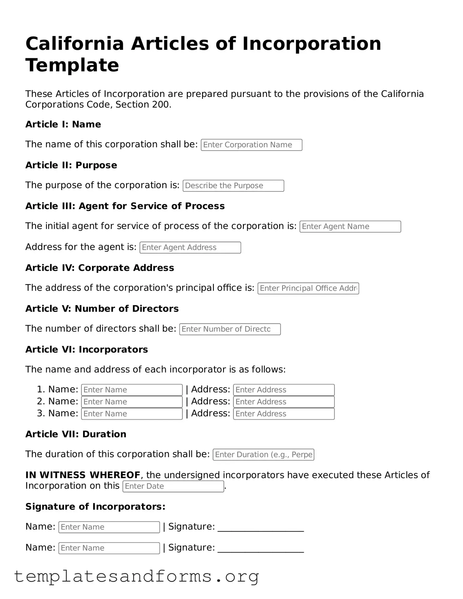 Free Articles of Incorporation Form for the State of California