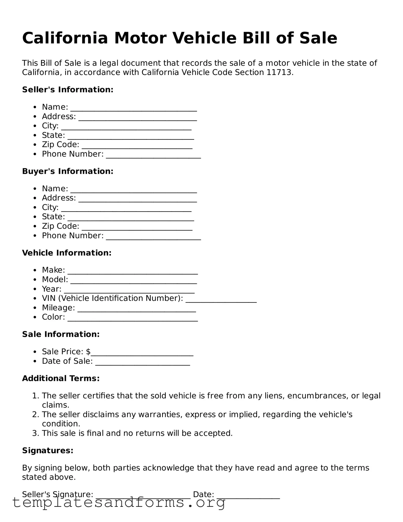 Free Motor Vehicle Bill of Sale Form for the State of California