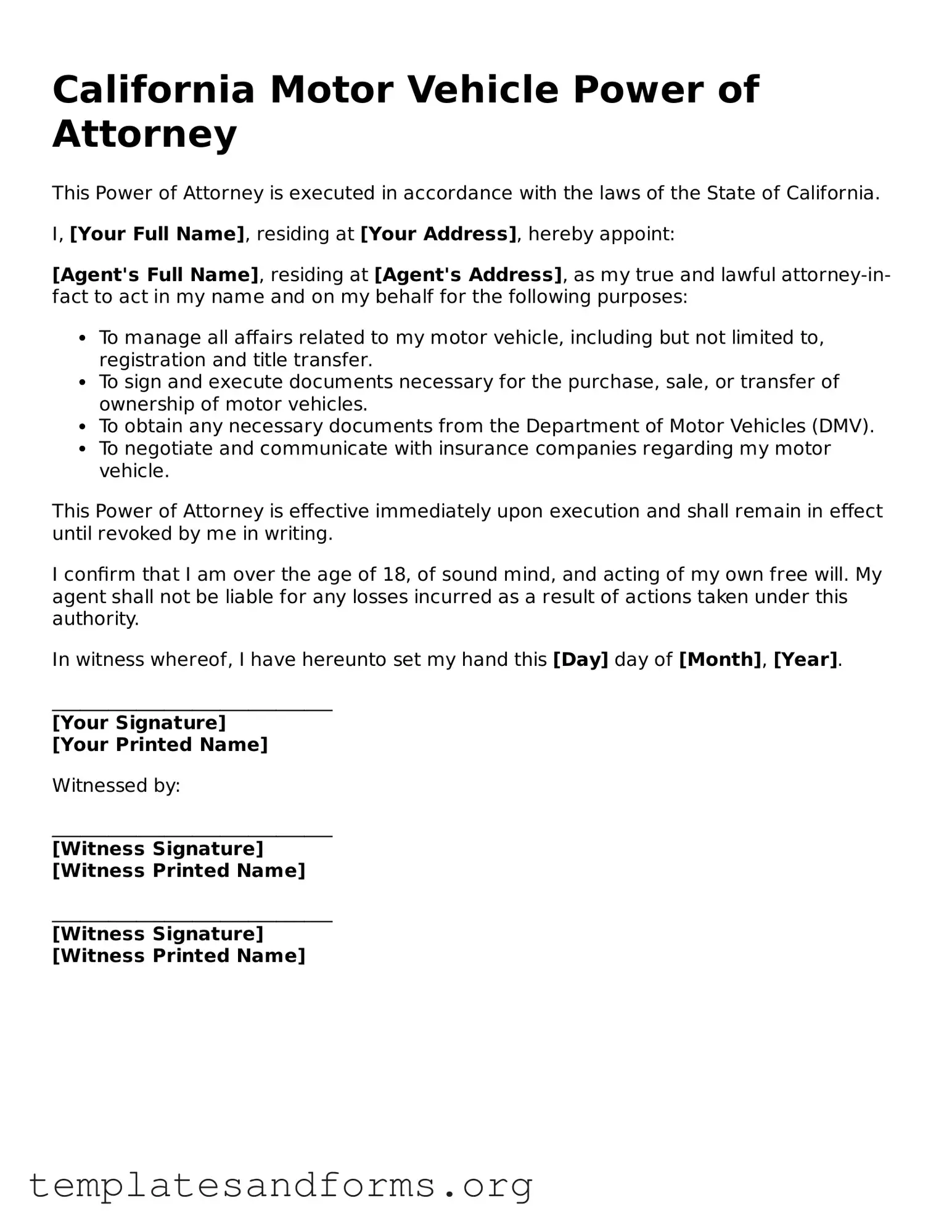 Free Motor Vehicle Power of Attorney Form for the State of California