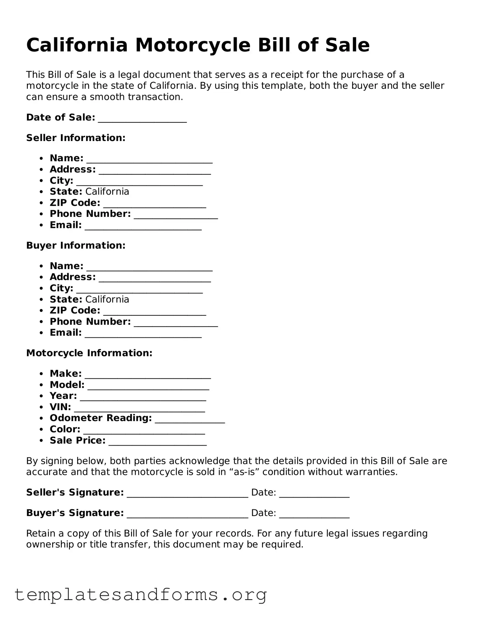 Free Motorcycle Bill of Sale Form for the State of California