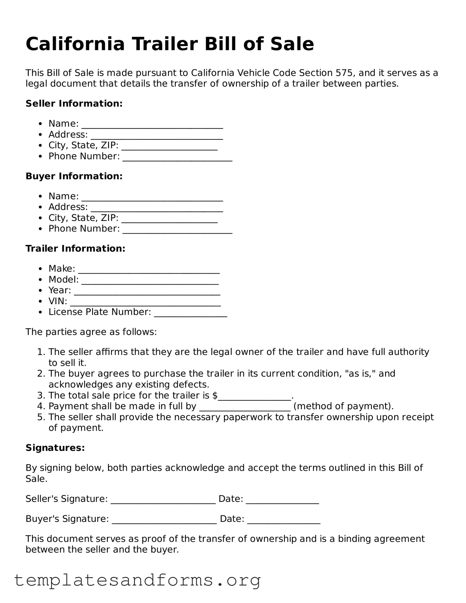 Free Trailer Bill of Sale Form for the State of California