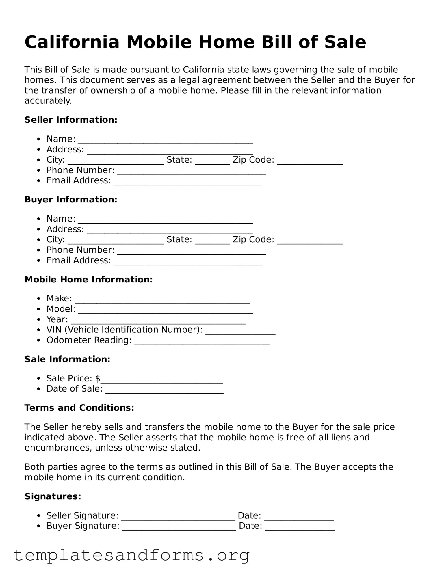 Free Mobile Home Bill of Sale Form for the State of California