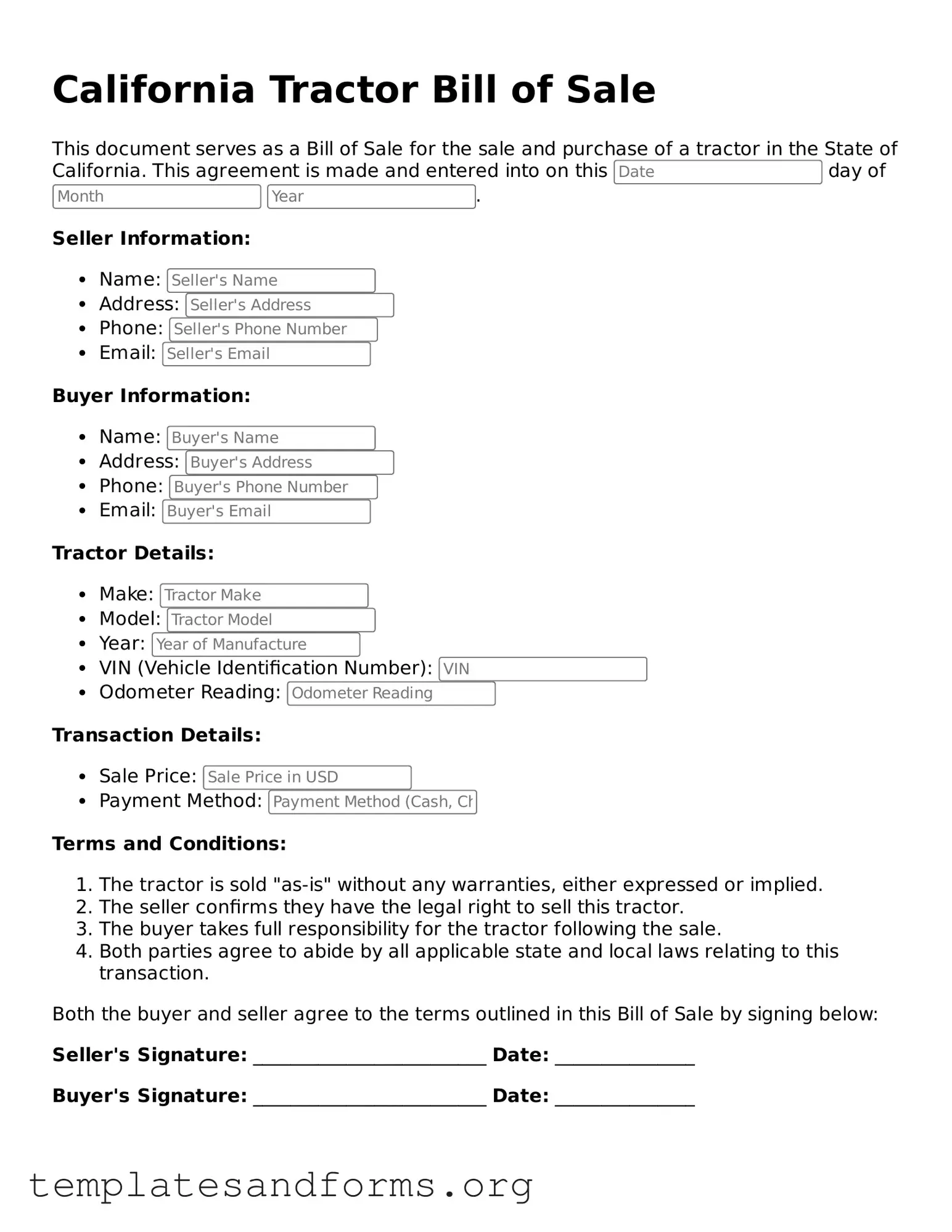 Free Tractor Bill of Sale Form for the State of California