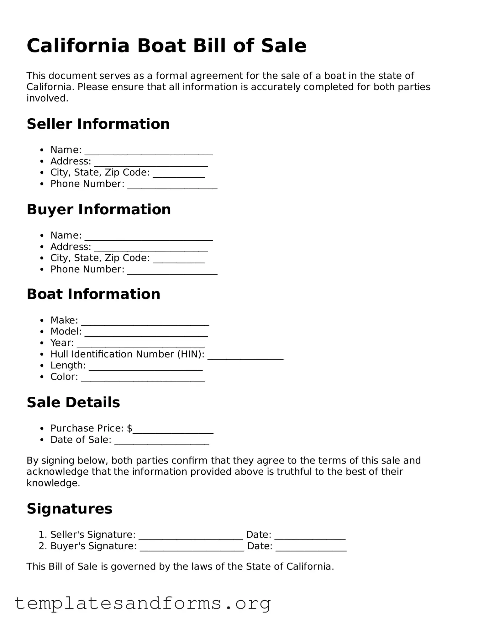 Free Boat Bill of Sale Form for the State of California