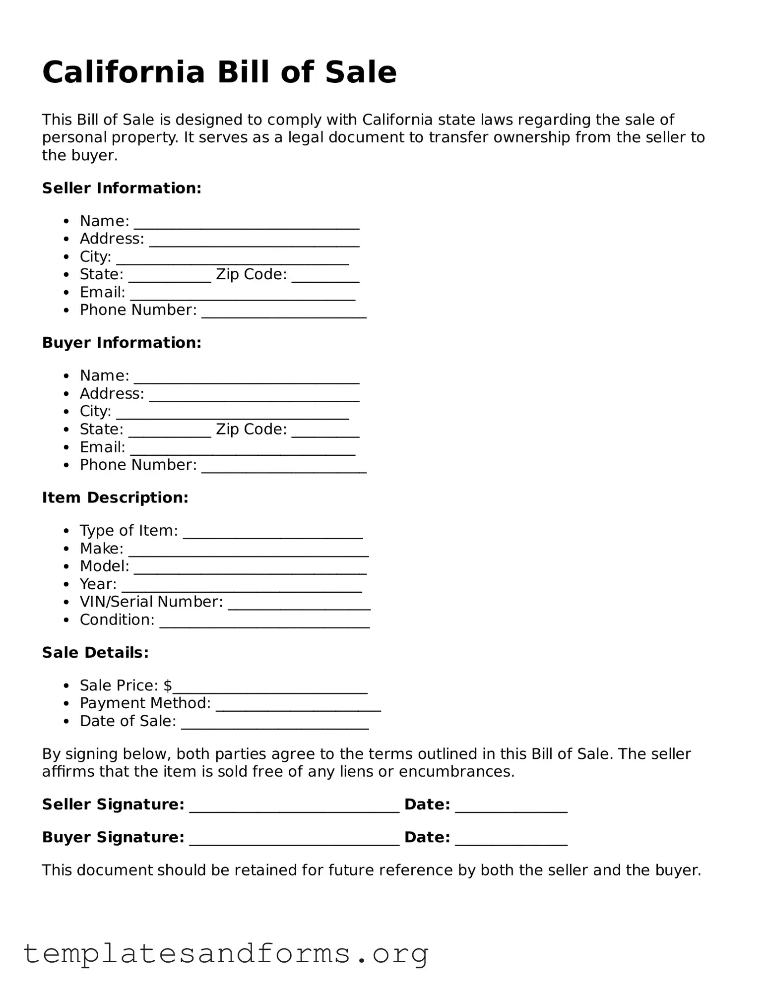 Free Bill of Sale Form for the State of California