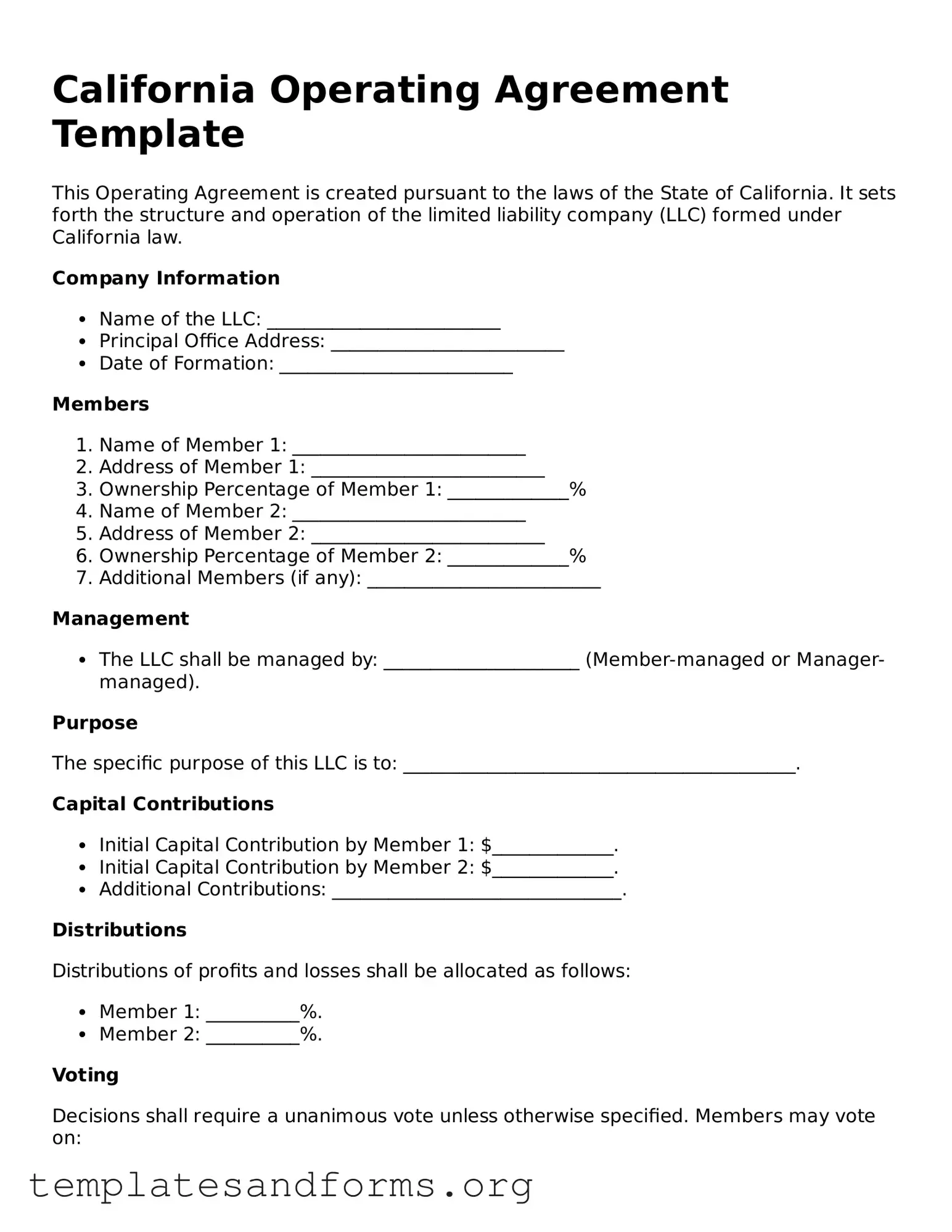 Free Operating Agreement Form for the State of California