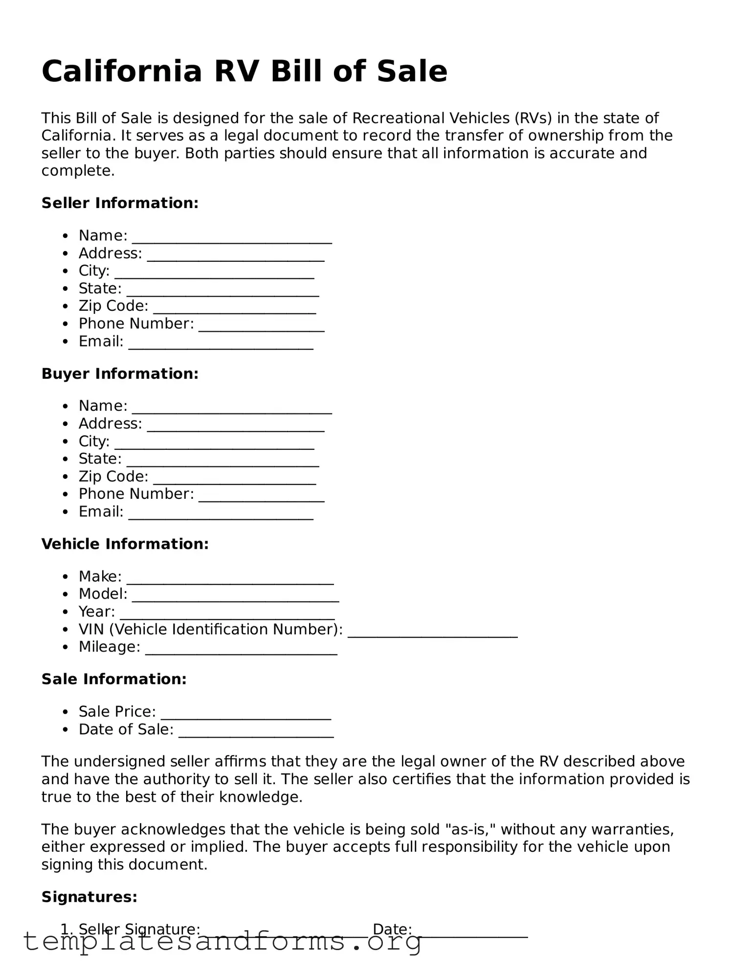 Free RV Bill of Sale Form for the State of California