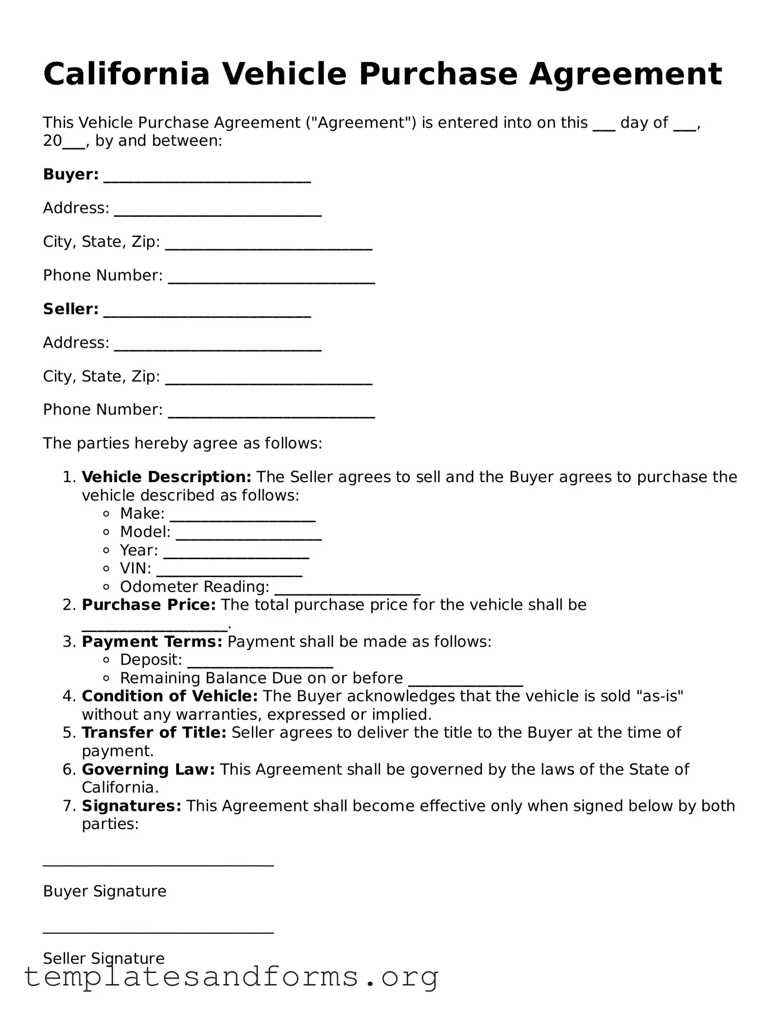Free Vehicle Purchase Agreement Form for the State of California