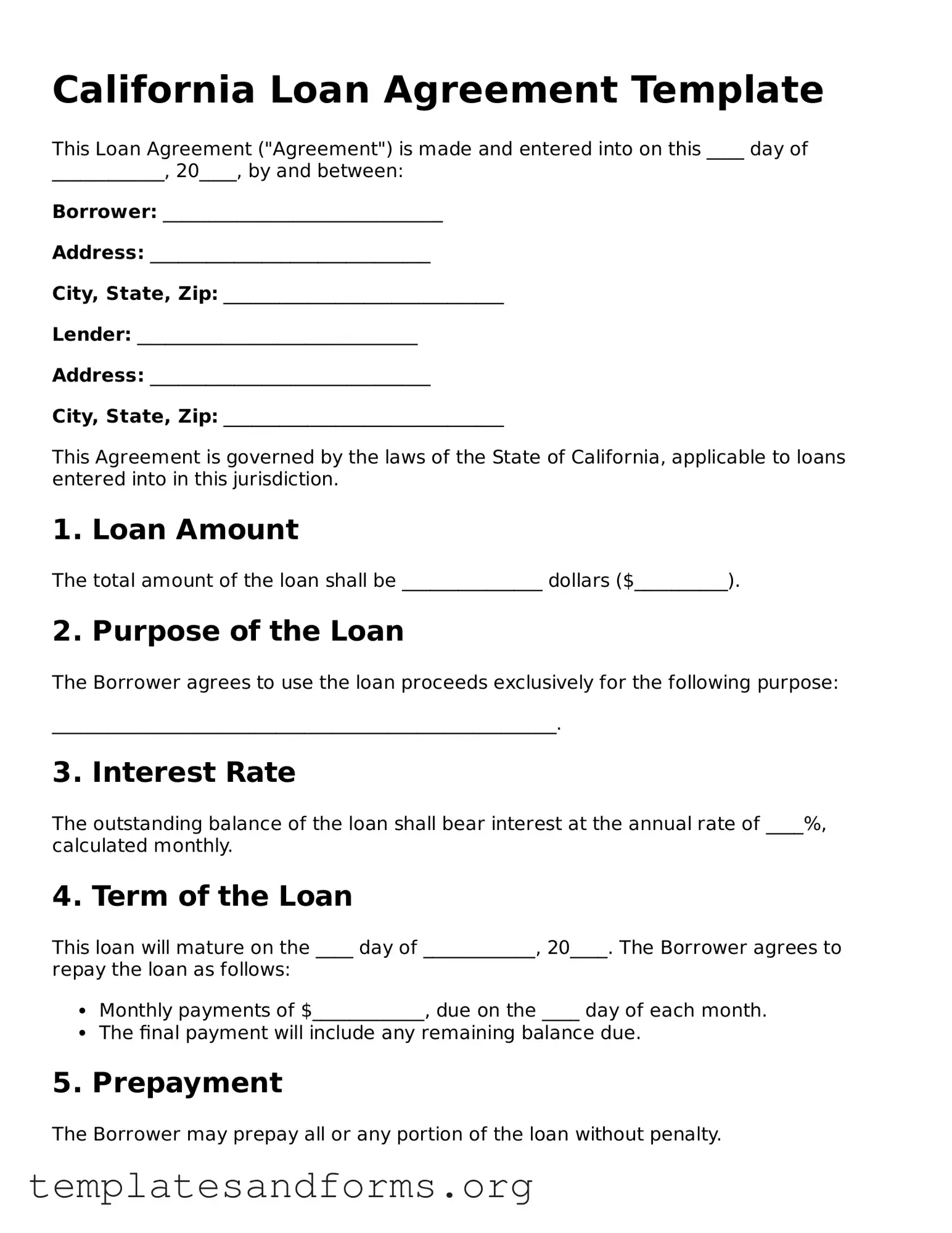 Free Loan Agreement Form for the State of California