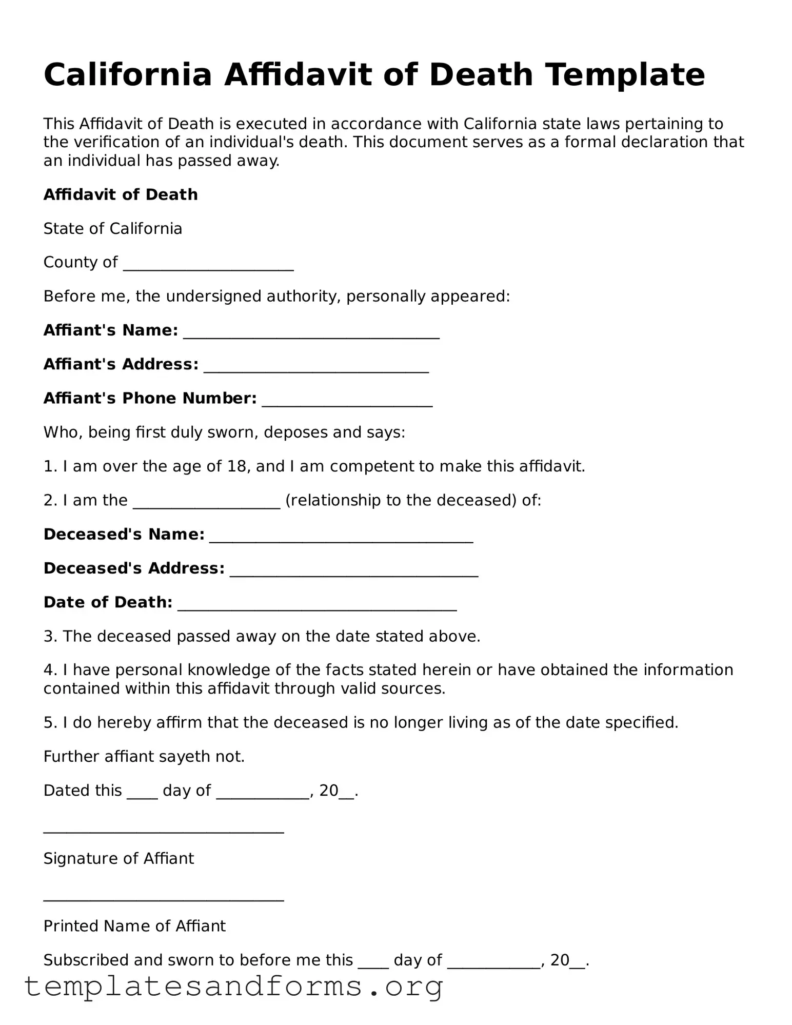 Free Affidavit of Death Form for the State of California
