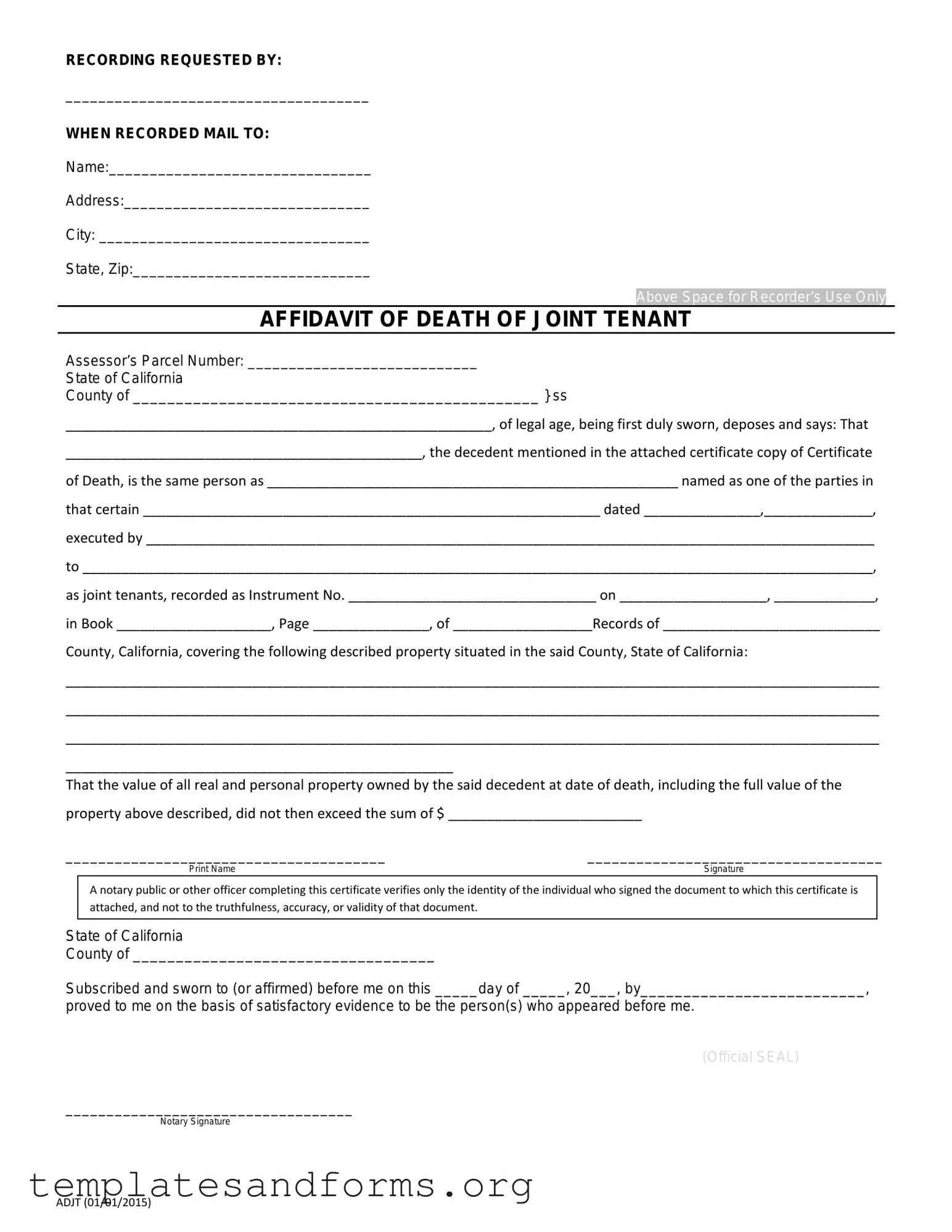 Fill in a Valid California Death of a Joint Tenant Affidavit Form