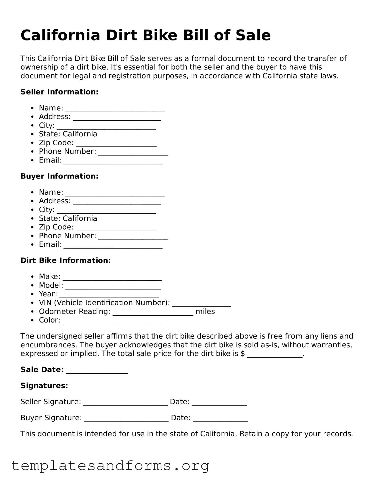 Free Dirt Bike Bill of Sale Form for the State of California