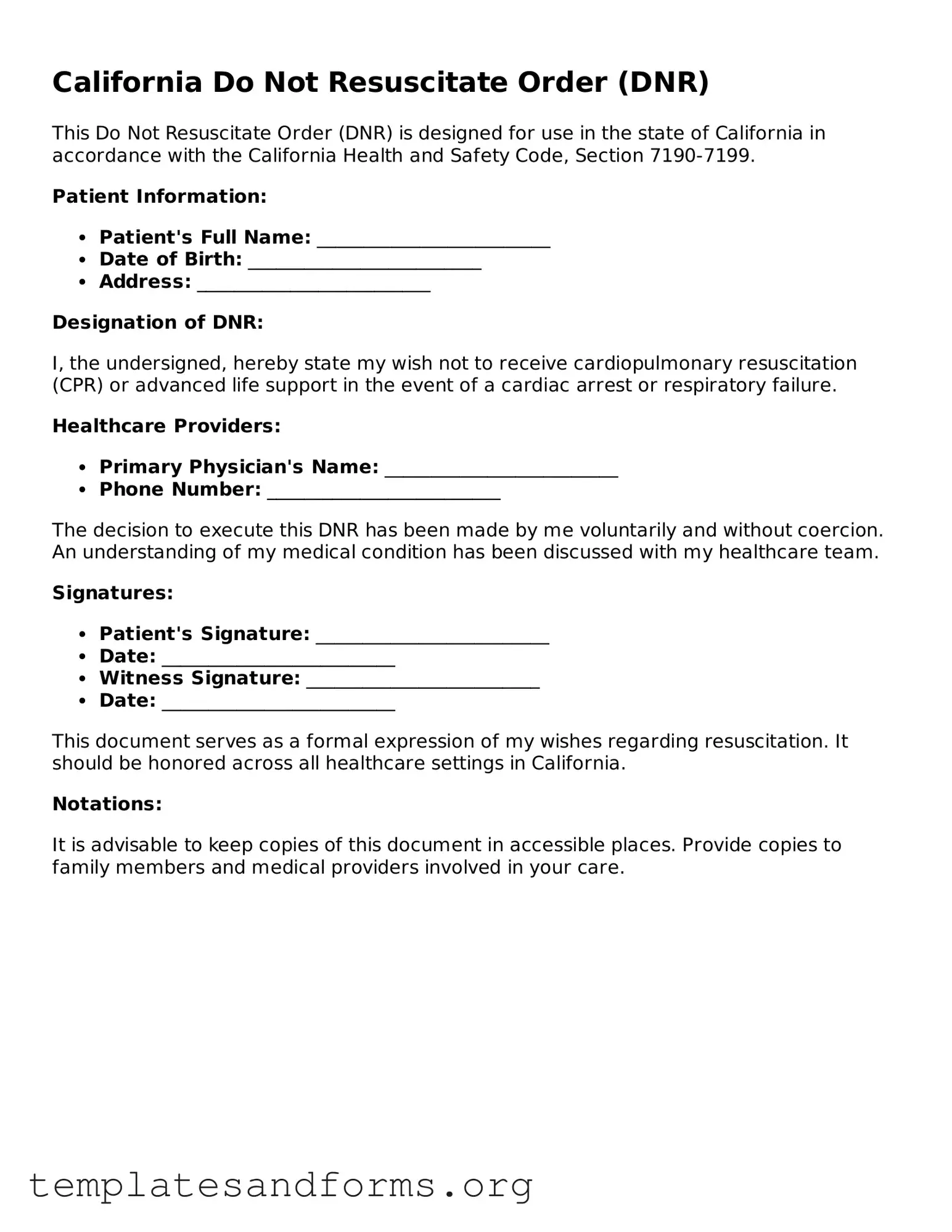 Free Do Not Resuscitate Order Form for the State of California