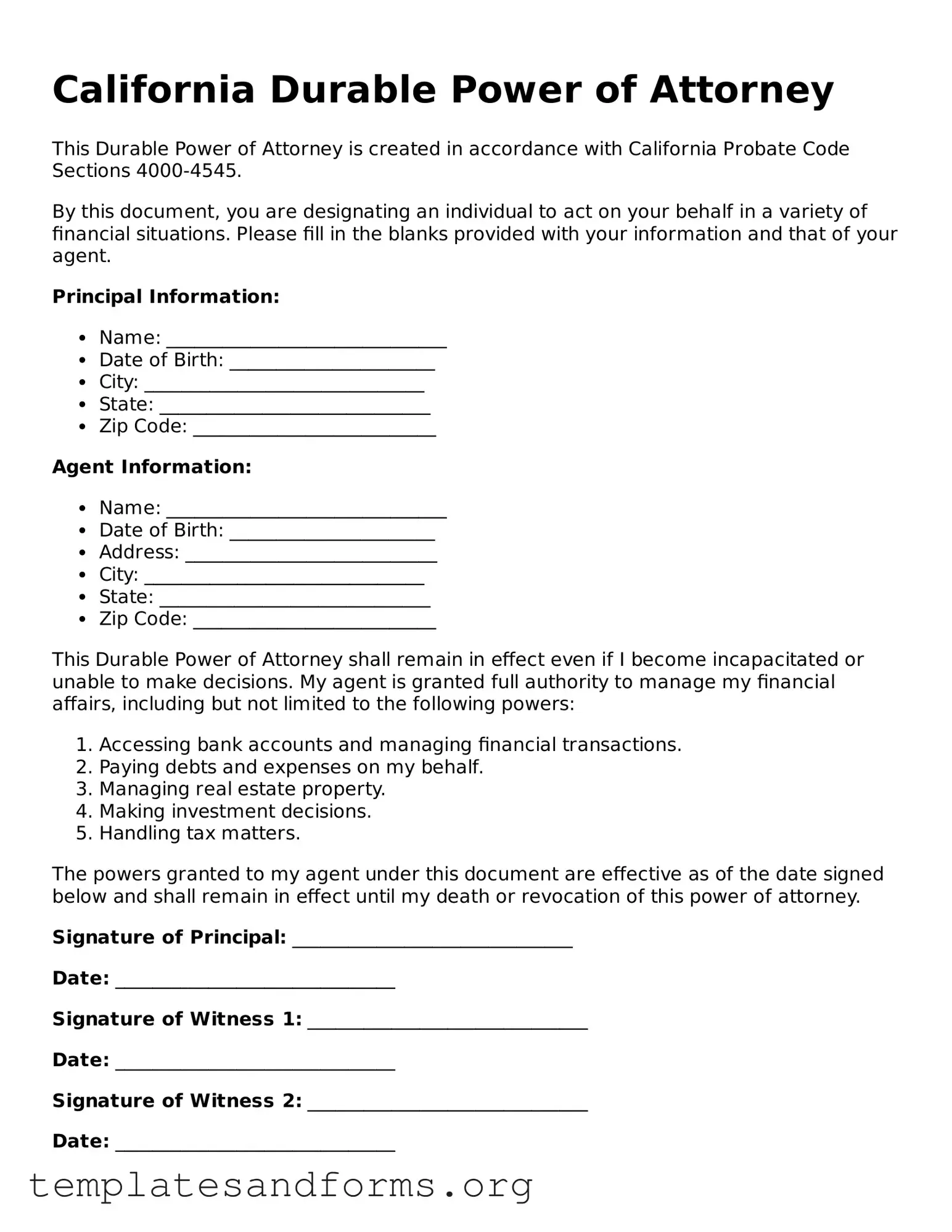 Free Durable Power of Attorney Form for the State of California