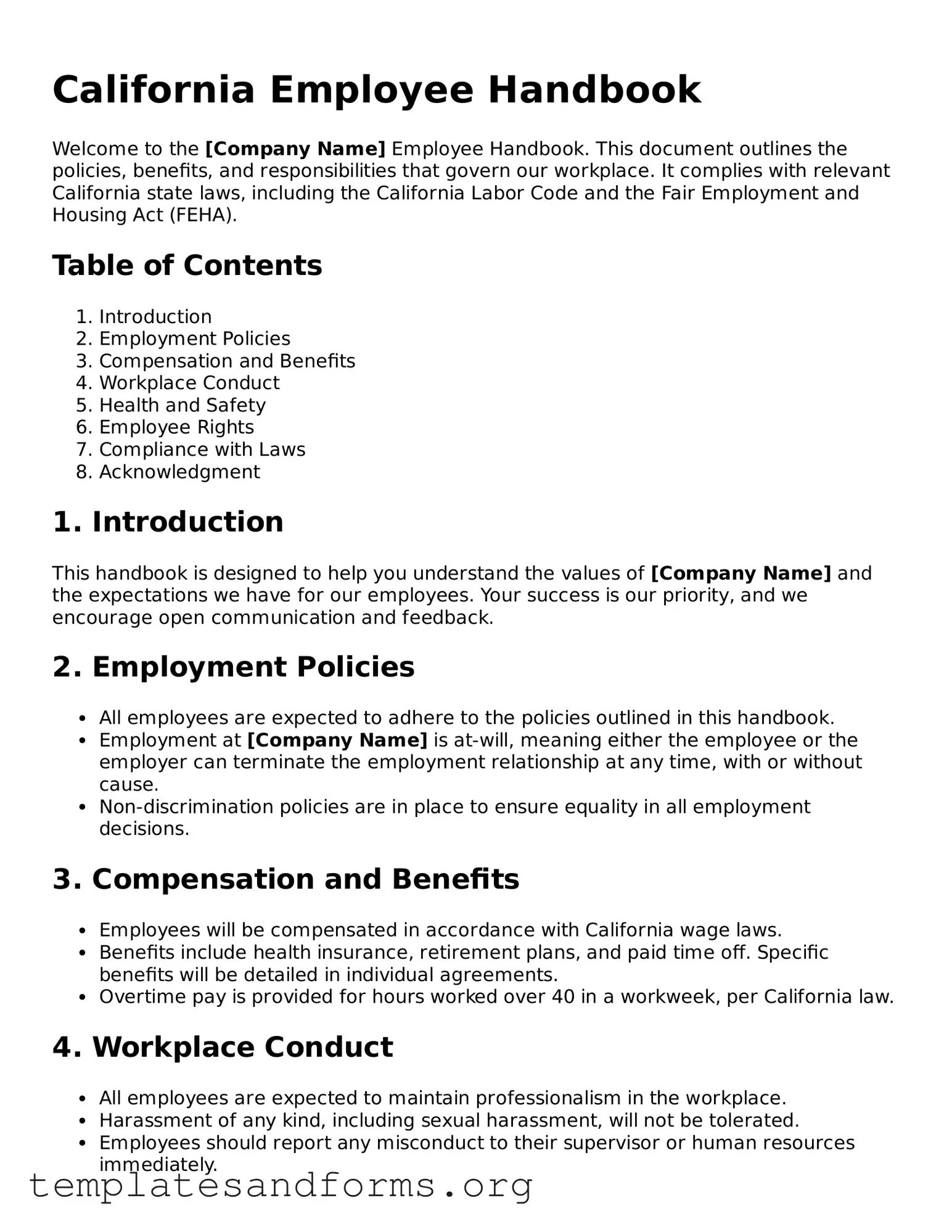 Free Employee Handbook Form for the State of California