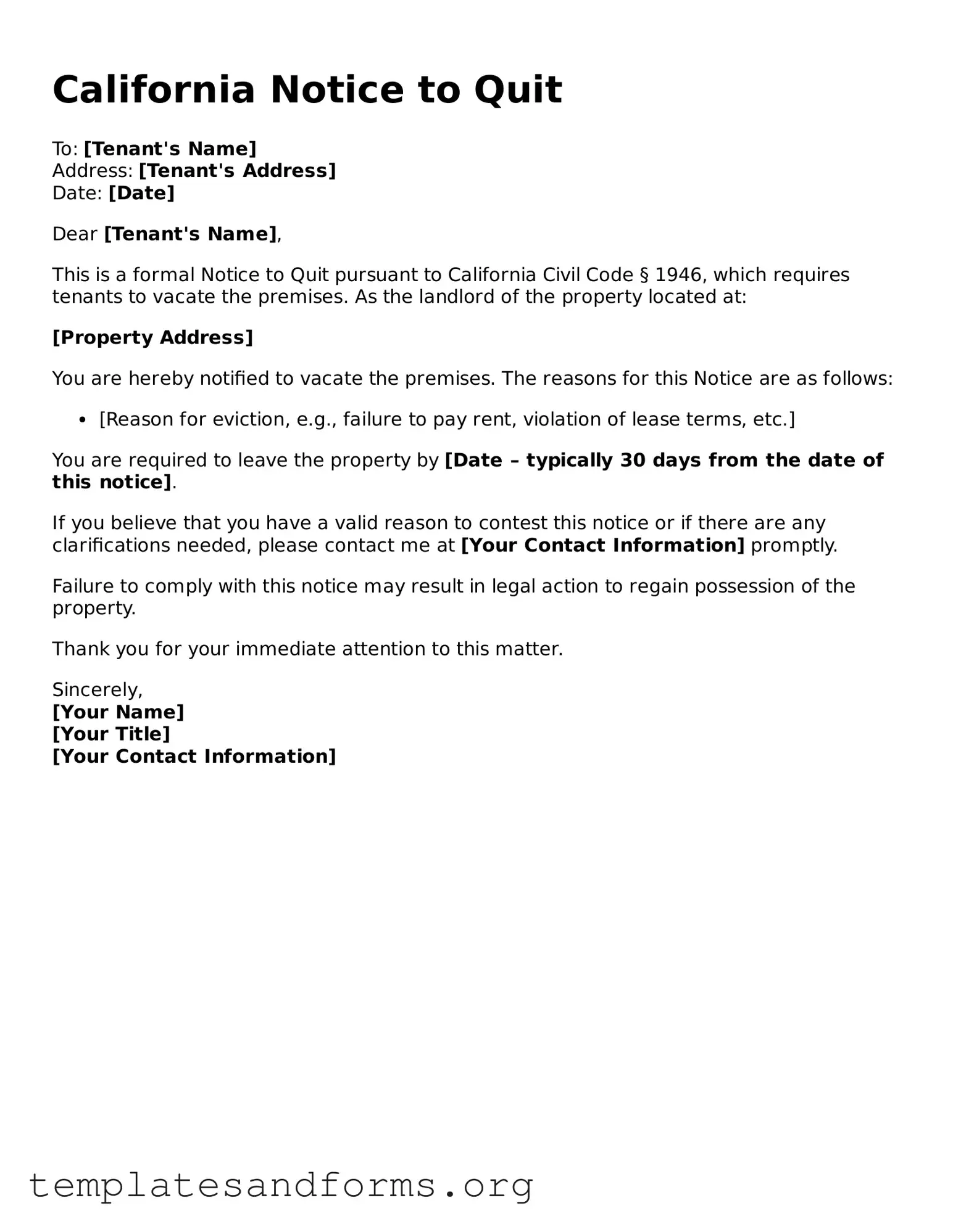 Free Notice to Quit Form for the State of California