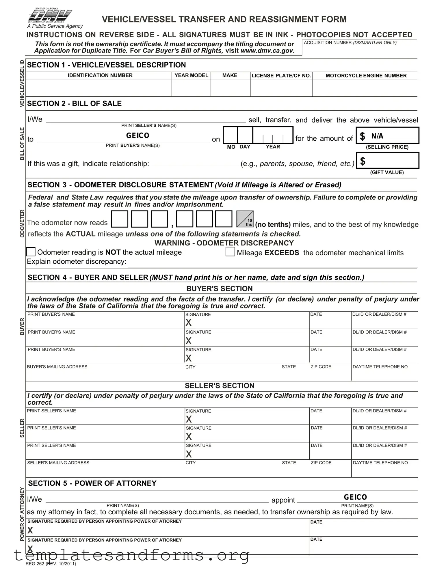 Fill in a Valid California Fotm Reg 262 Form