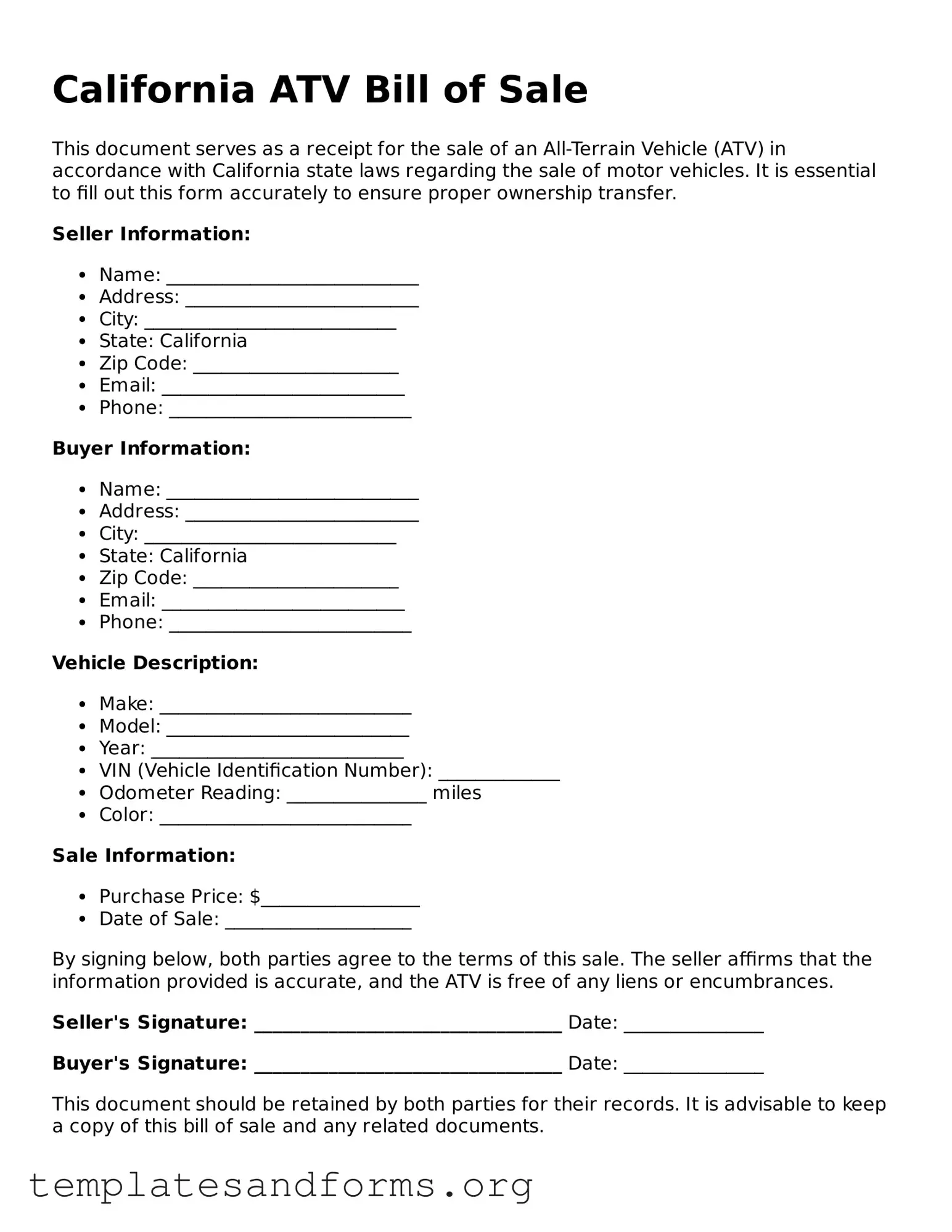 Free ATV Bill of Sale Form for the State of California