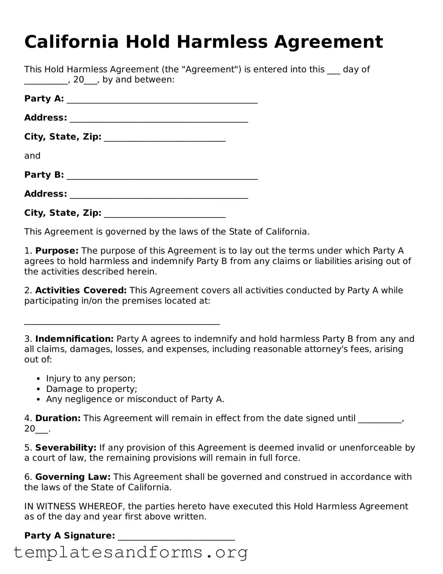 Free Hold Harmless Agreement Form for the State of California