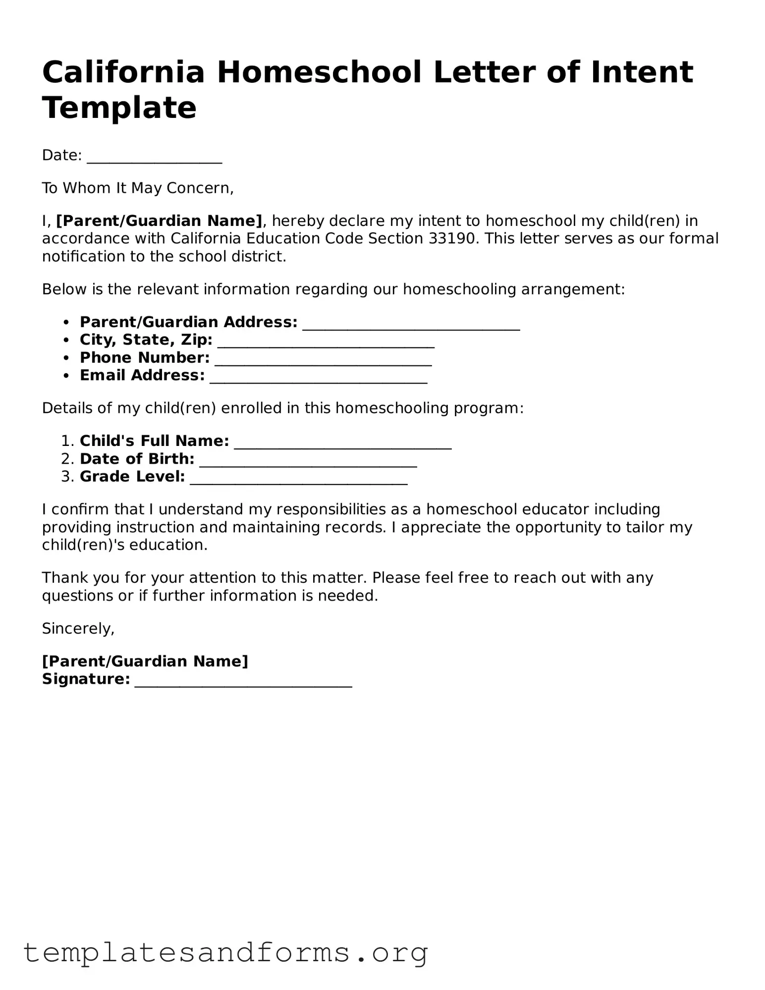 Free Homeschool Letter of Intent Form for the State of California