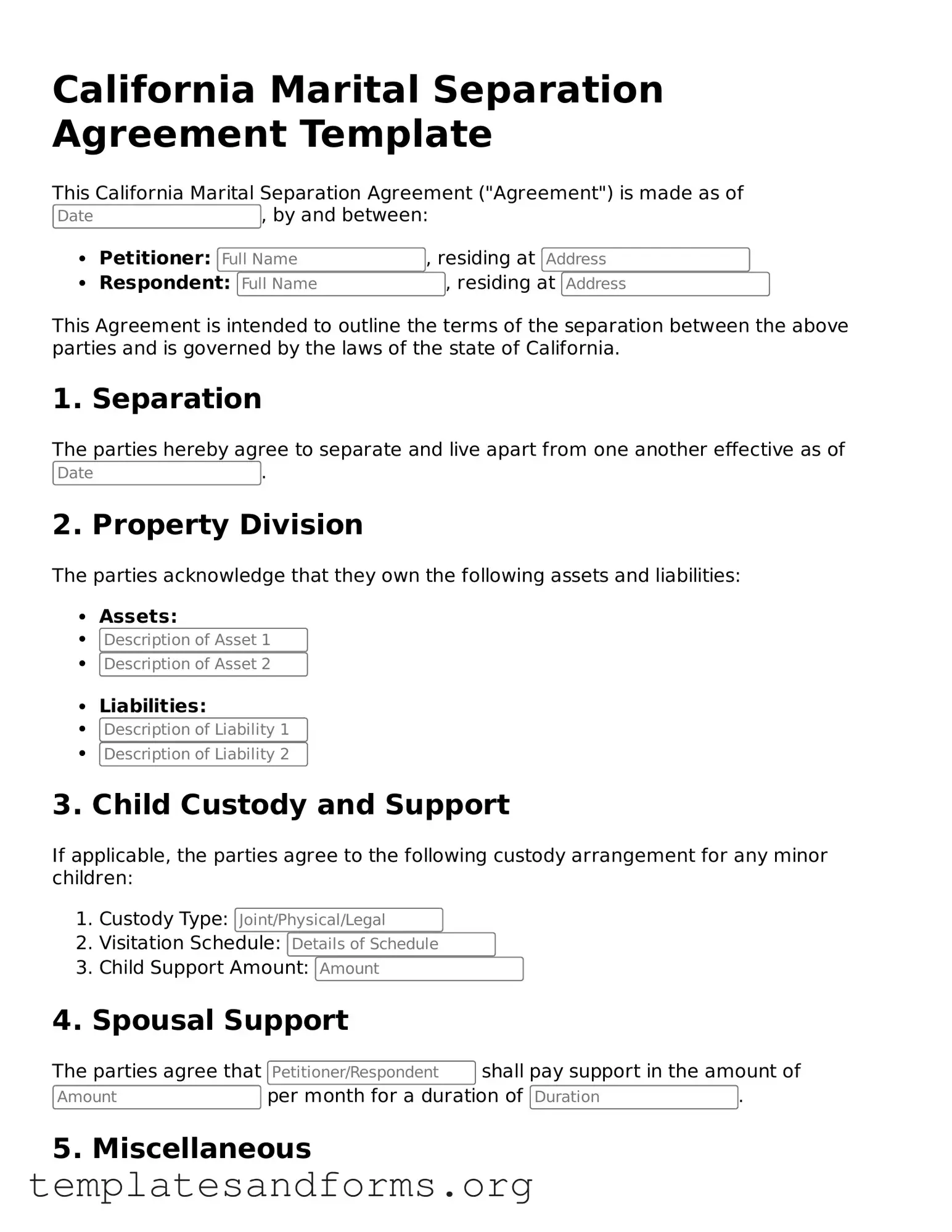 Free Marital Separation Agreement Form for the State of California