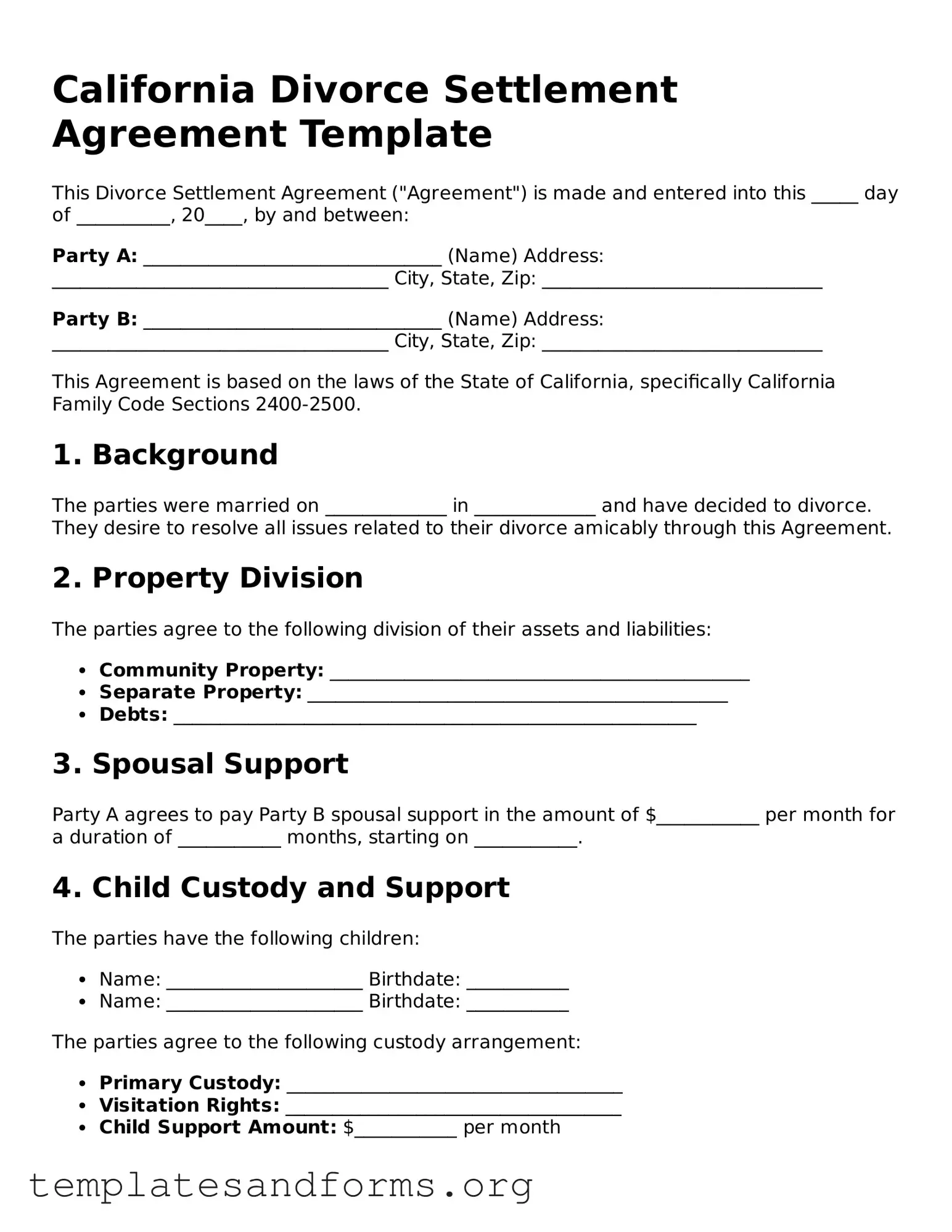 Free Divorce Settlement Agreement Form for the State of California