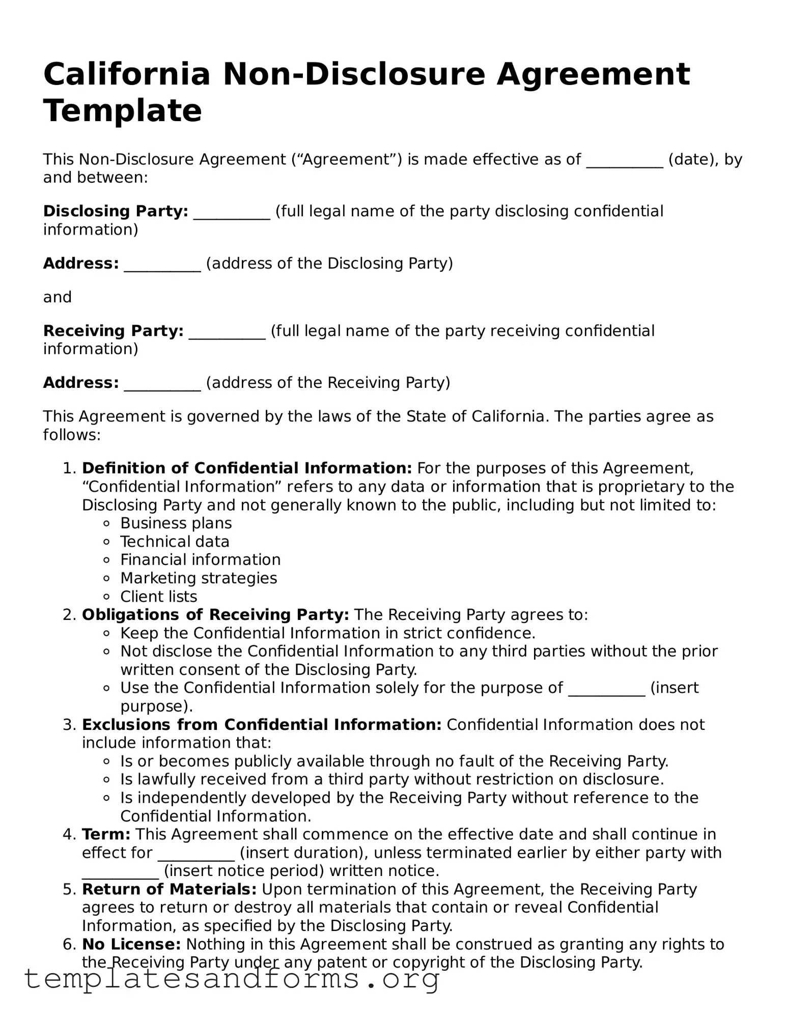 Free Non-disclosure Agreement Form for the State of California